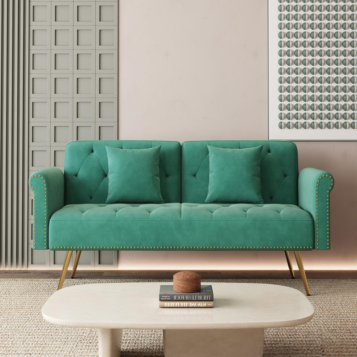 Modern Velvet 2 in 1 Futon Sofa Bed,Convertible Folding Sleeper Bed Couches with 2 Pillows,73" Tufted Recliner Love Seat with Golden Chrome Legs for Living Room Apartment Office (Green) Anwick