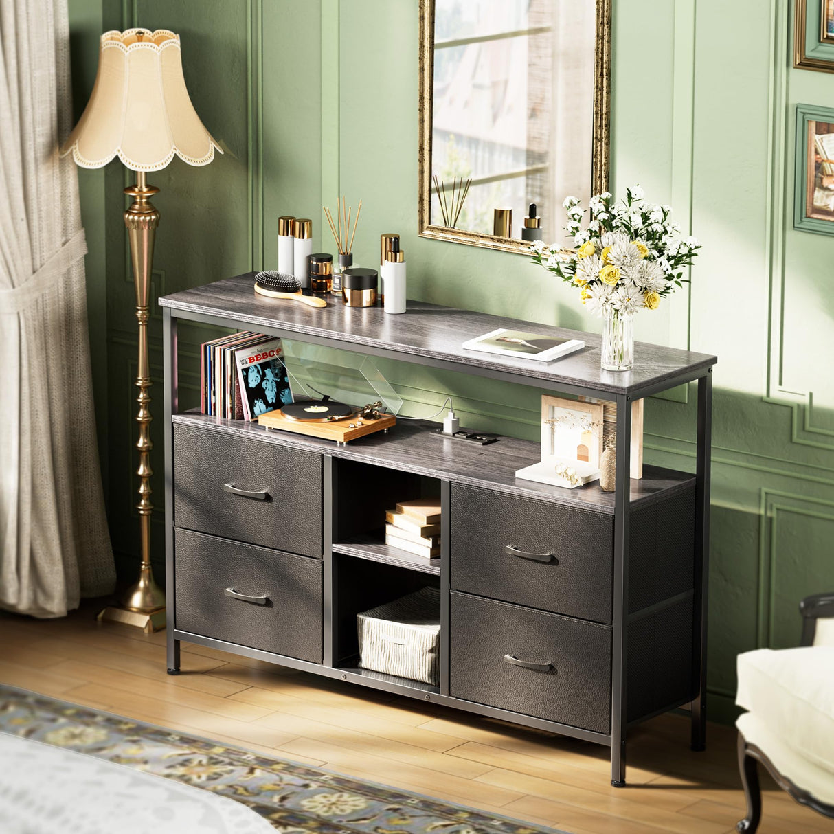 Huuger TV Stand Dresser with Power Outlets and LED Lights, 4 Drawers Entertainment Center with Open Shelf, Media Console for 50 43 Inch TV, Dresser with PU Finish, Grey and Black Huuger