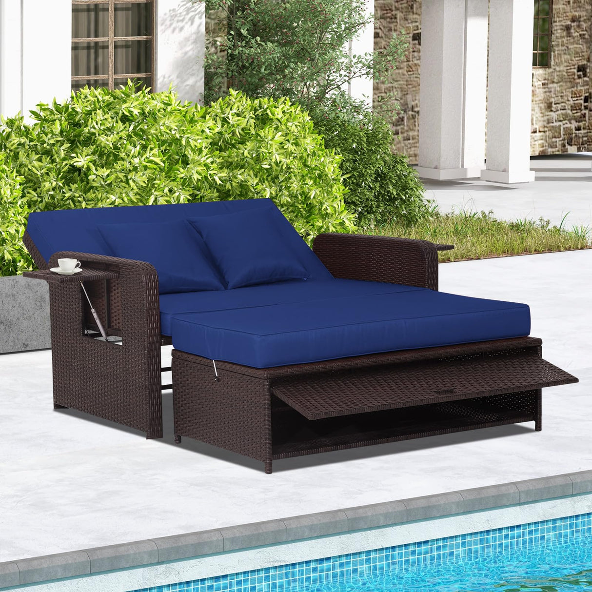 RELAX4LIFE Wicker Patio Outdoor Daybed - Rattan Day Bed Lounger with Loveseat & Storage Ottoman, Sunbed Sofa Set w/Cushions, 4-Level Adjustable Backrest & 2 Retractable Trays, Patio Daybed (Navy) RELAX4LIFE