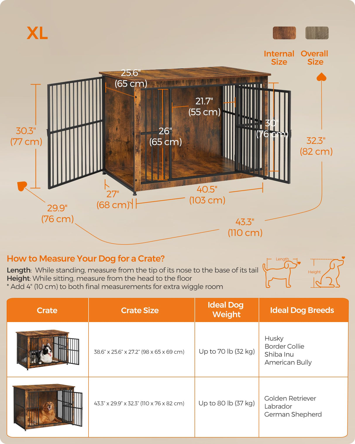 Feandrea Dog Crate Furniture, 43.3" Side End Table, Modern Kennel for Dogs Indoor up to 80 lb, Heavy-Duty Dog Cage with Enclosed Base, Double-Door Dog House, Rustic Brown UPFC024X01 Feandrea