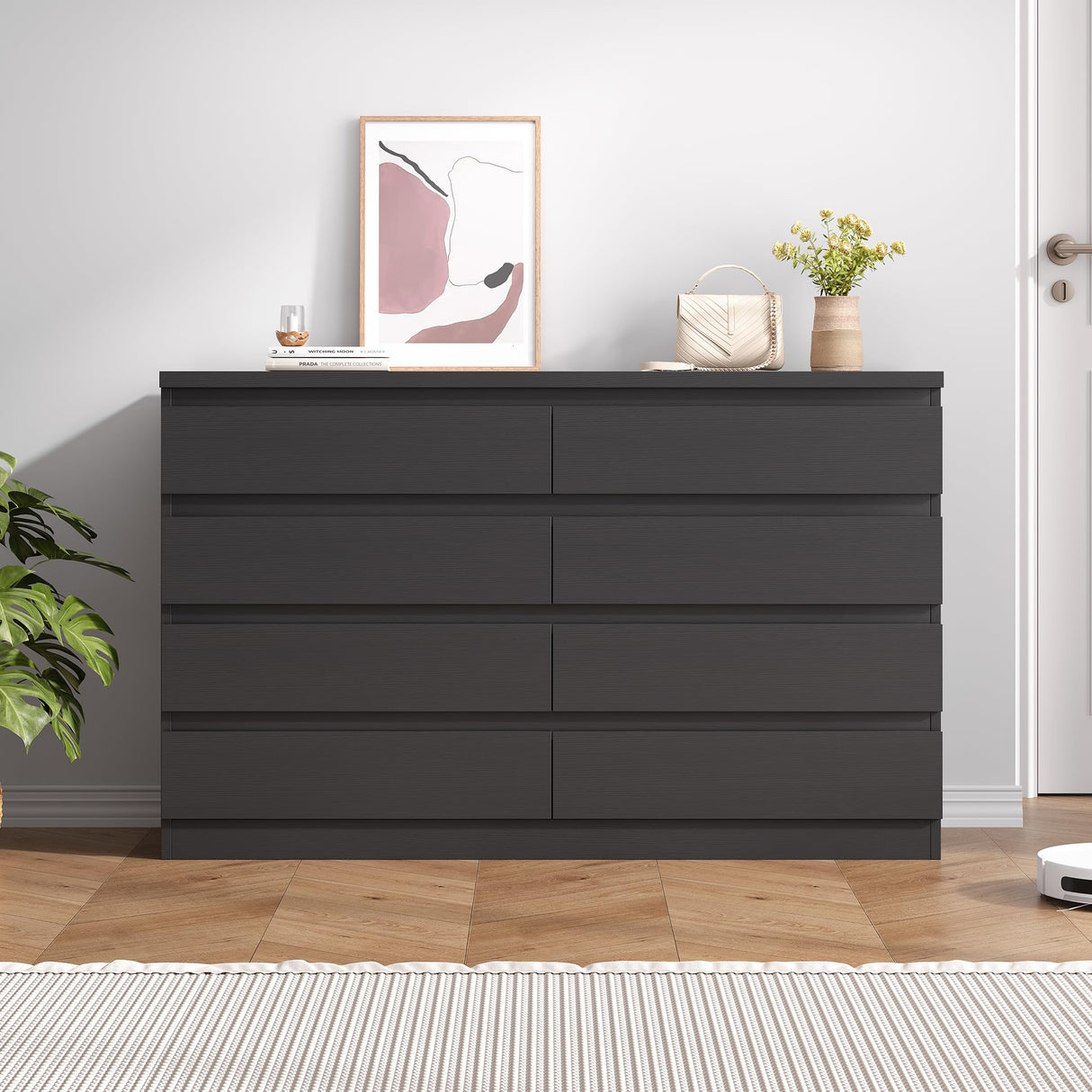 Jocoevol Modern Black 8 Drawer Dresser for Bedroom, 15.3" D x 55.2" W x 32.3" H Simply Chest of Drawers, Wood Storage Dresser with Deep Drawers for Living Room Hallway Entryway, Black Jocoevol
