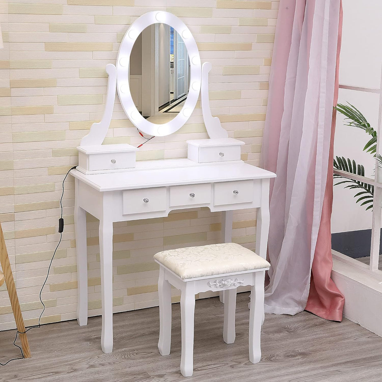 GIMMYFIVE Vanity Desk with Mirror and Lights, Wood Makeup Dressing Table with Oval Mirror & Stool,3 Colors Lighting Modes,Modern Bedroom Dressing Table with 5 Large Drawers for Kids Women Girls,White GIMMYFIVE