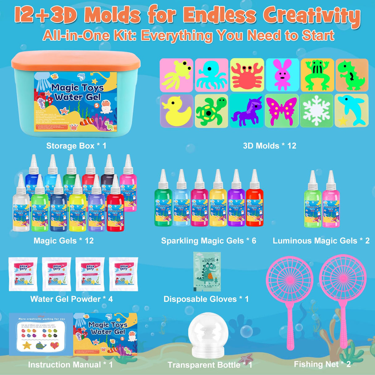 Magic Toys Water Gel Kit: 20 Colors Fairy Aqua Gel with Pearlized & Luminous Magic Paint - Handmade Creative Water Art Set with 12 Shape 3D Molds for Kid Birthday Party Gift Toylfort