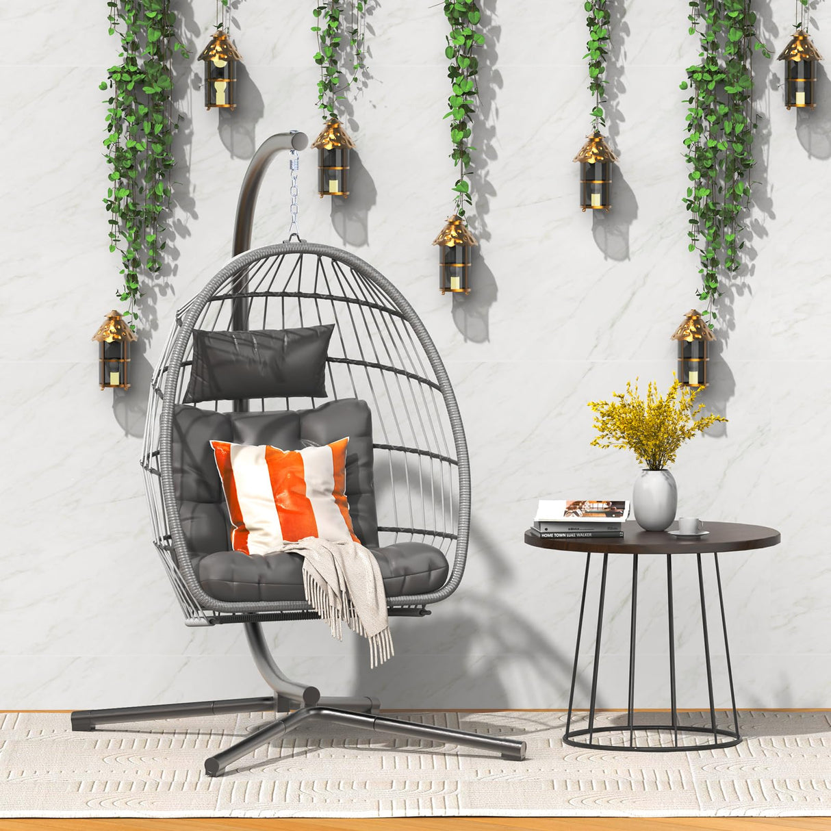 Hipicute Egg Chair with Stand,Patio Rattan Wicker Hanging Swing Egg Chair Hammock Chair for Bedroom Porch Garden,Thickened Aluminum Alloy Steel Frame and UV Resistant Cushion,350LBS Capacity Hipicute