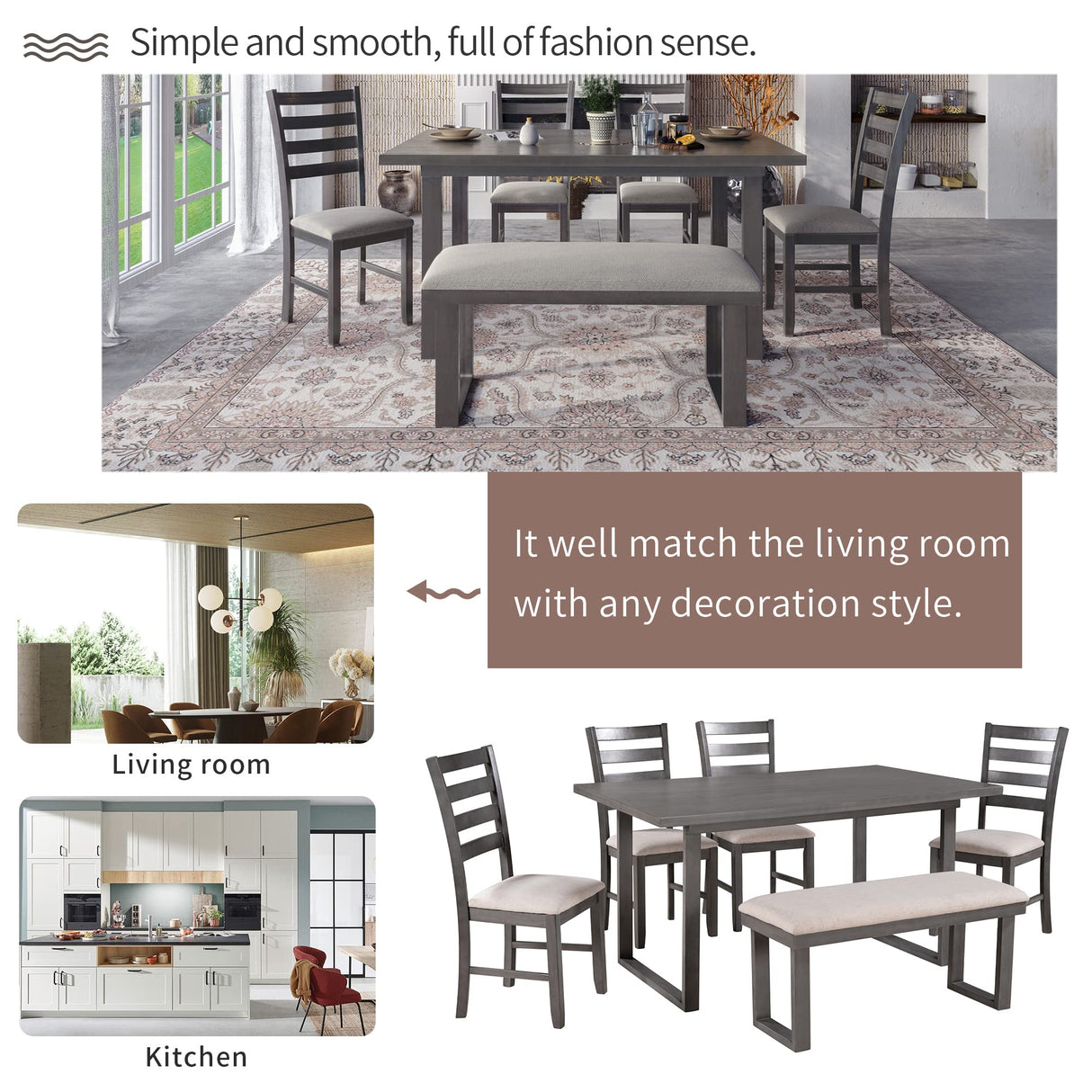 Harper & Bright Designs 6 Piece Kitchen Dining Table Set Wooden Rectangular Dining Table Set for 6, Solid Wood Dining Room Set with Rectangular Table & 4 Chairs with Bench(Gray) ST000055AAE-MZJ Harper & Bright Designs