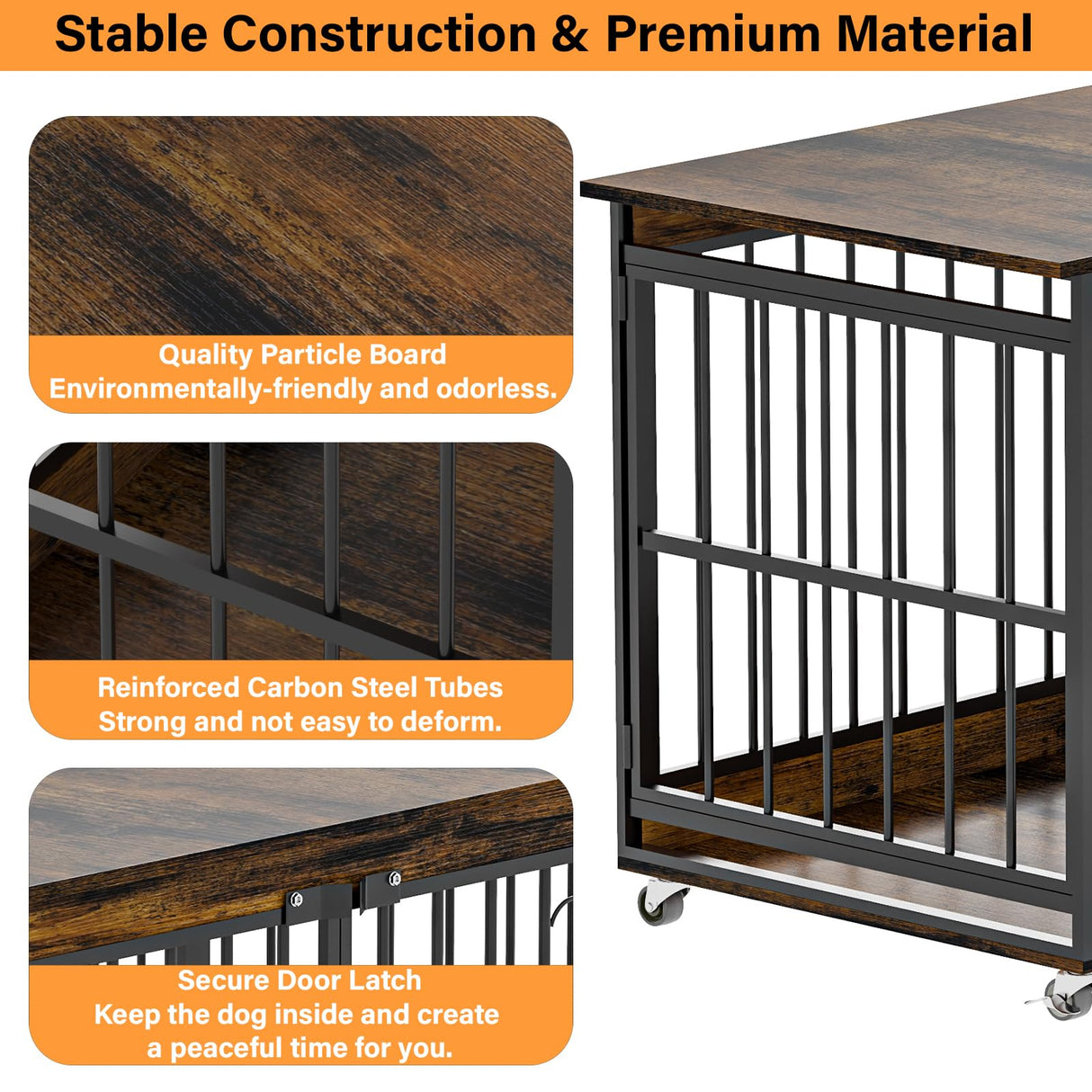 COZPAW Dog Crate Furniture, 48 Inch Dog Crates for Medium/Large Breed, Farmhouse Wood Metal Kennel Indoor Heavy Duty Pet Cage with Caster Wheels (Brown) COZPAW