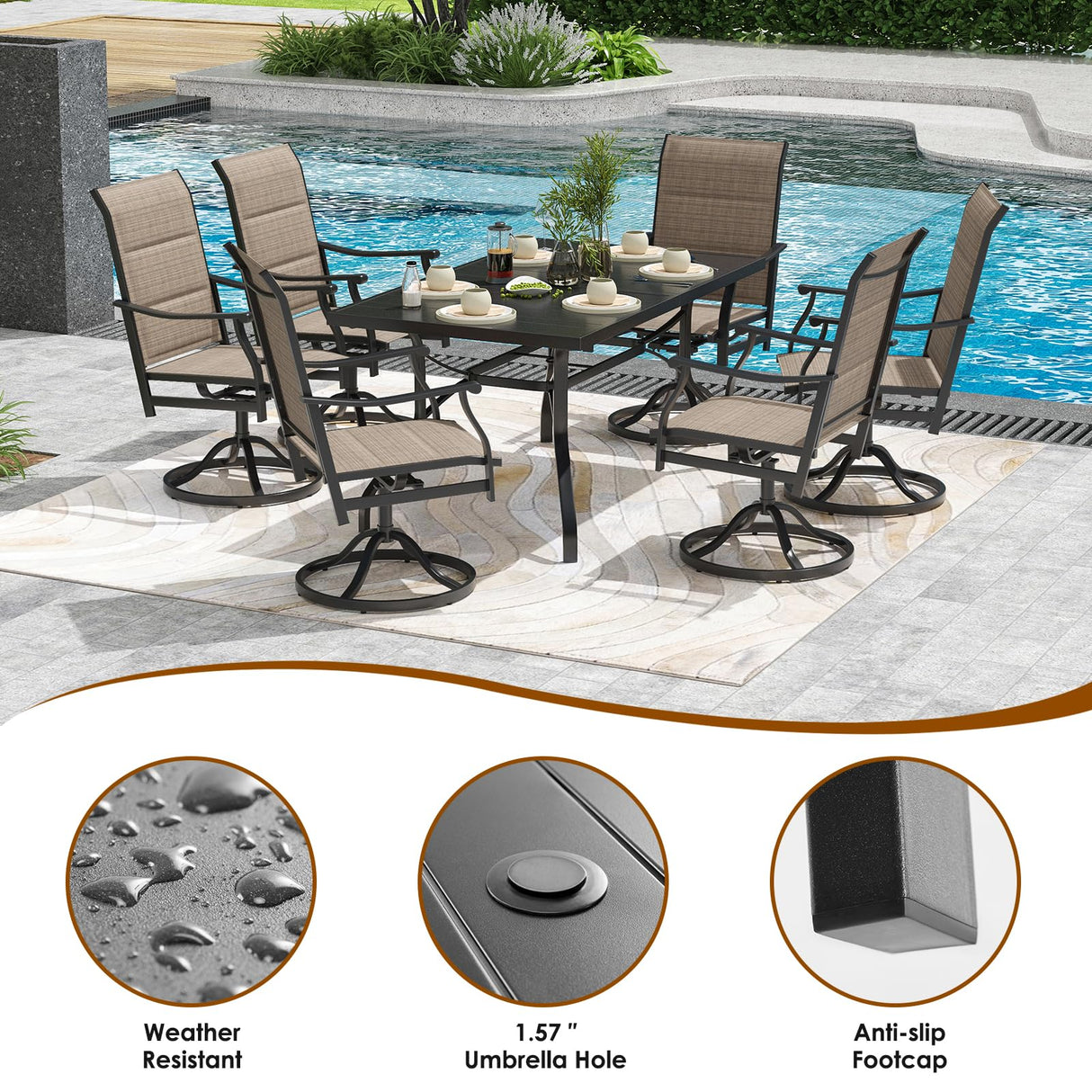 Soohow Patio Dining Set for 6, 7-Piece Outdoor Dining Table and Chairs Set, 6 x Swivel Outdoor Chairs with Paded Textilene and 60"x35" Patio Table with 1.57" Umbrella Hole for Poolside, Backyard Soohow