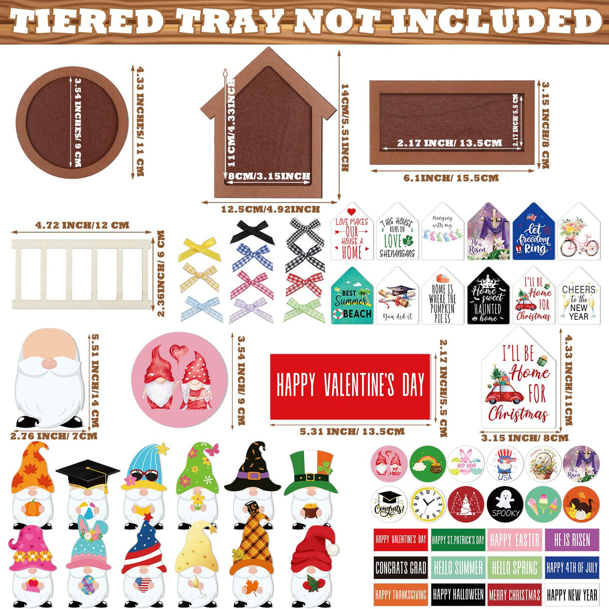 Lineshading 65 Pcs Christmas Farmhouse Tiered Tray Decor Set Interchangeable Round Seasonal Year Tray Decorations Holiday Rustic Wooden Frames Arch Ladders Cards Bow Knot for Kitchen Table Home Decor Lineshading