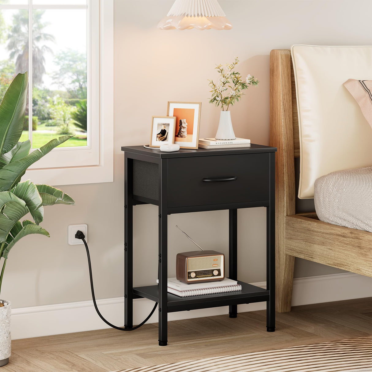 Vagusicc Nightstand Set of 2 with Charging Station, Bed Side Table with Fabric Drawer, Small End Table with 2-Tier Storage Shelves, 25.4" Tall Bedside Table, Black Night Stand for Bedroom, Living Room Vagusicc