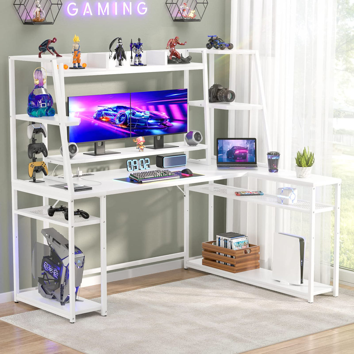 armocity L Shaped Gaming Desk with LED Lights & Power Strips, 63'' Reversible Gaming Table Desk with Hutch, L-shaped PC Gaming Desk with Storage, L Gamer Desk with Monitor Stand & Hook, White armocity