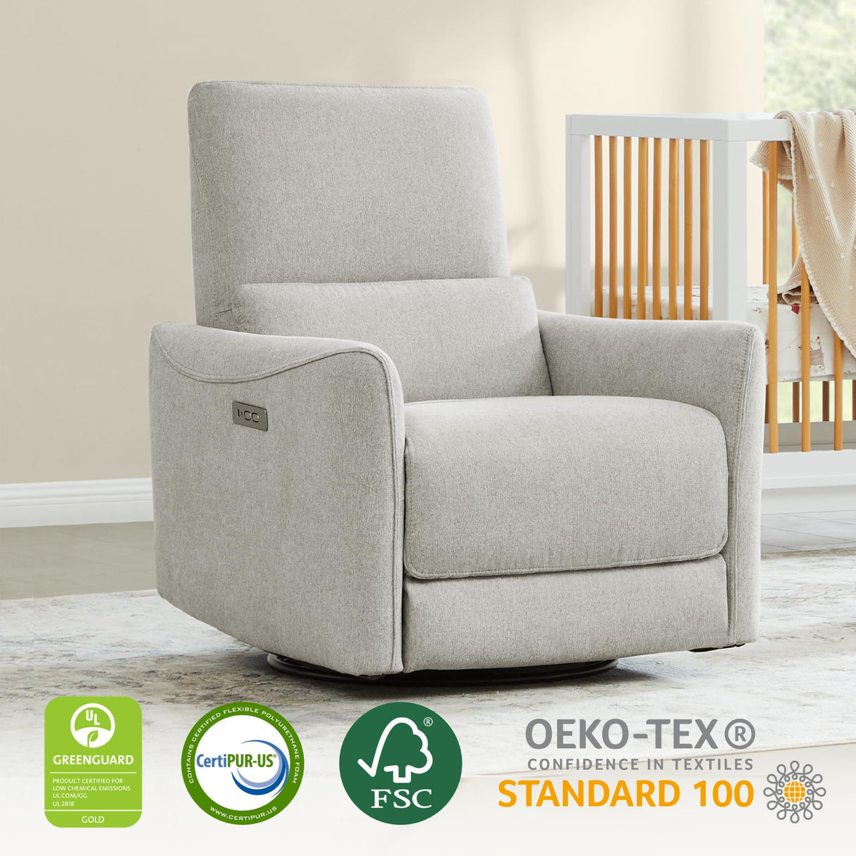 CHITA Power Recliner Chair Swivel Glider, FSC Certified Fabric Living Room Nursery Reclining Sofa Chair with Lumbar Support, Dove Grey CHITA