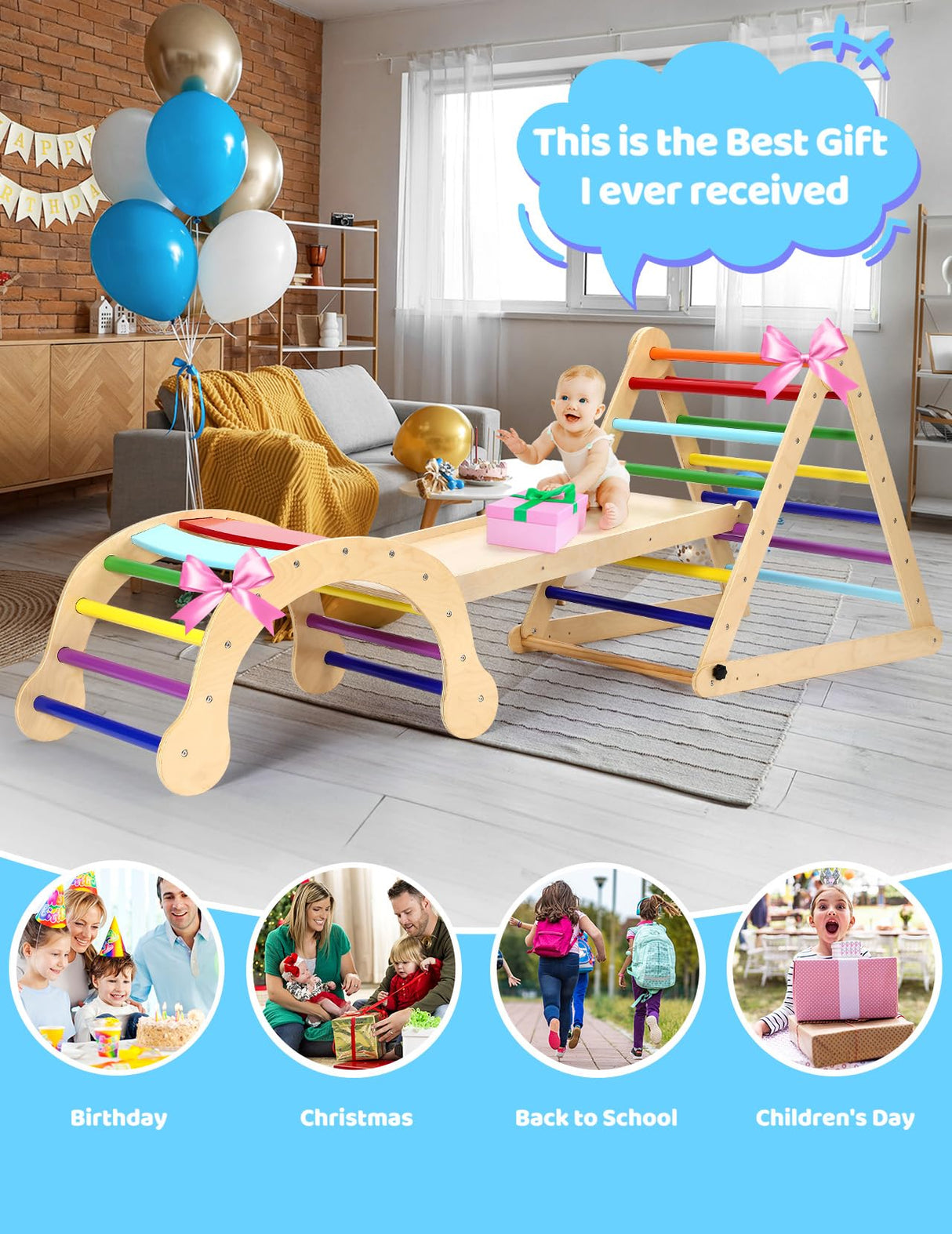 YOLEO Pikler Triangle Set, Foldable 7-in-1 Montessori Climbing Set Fun Baby Pickler-3 Piece Climbing Jungle Gym and Indoor Playground Climbing Toys for Toddlers 1-3 Inside (Rainbow, Advanced Version) YOLEO