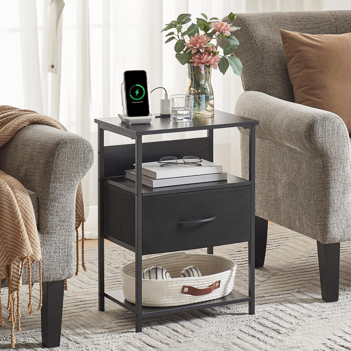 Somdot Black Nightstand with Charging Station and LED Light for Bedroom, Bedside Table End Table for Dorm Guest Room Bedside Kids Laundry Closet Entryway Hallway, Black Somdot