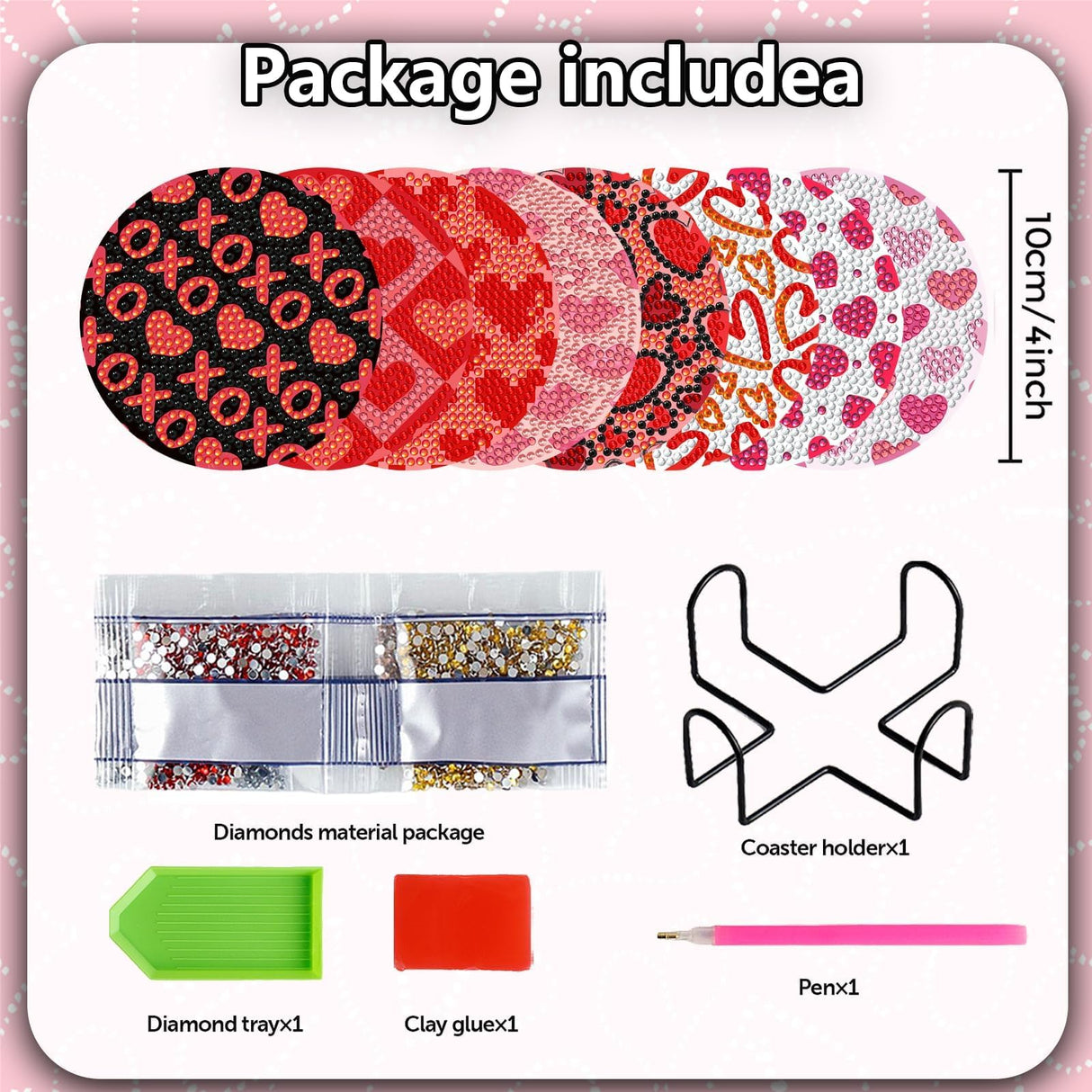 8 Pieces Heart Diamond Coasters Kits with Holder DIY Heart Diamond Art Coaster Coaster for Adults Diamond Kits Supplies for Valentine's Day Gift Demonwer