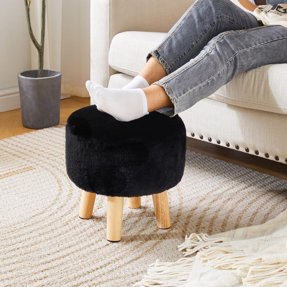 YMYNY Ottoman, Modern Footrest with Soft Padded Seat, Foot Stool with Wood Legs, Small Round Accent Small Table for Living Room Bedroom Office 12.6" D×12.6" W×12.6" H Black UHBD035B YMYNY
