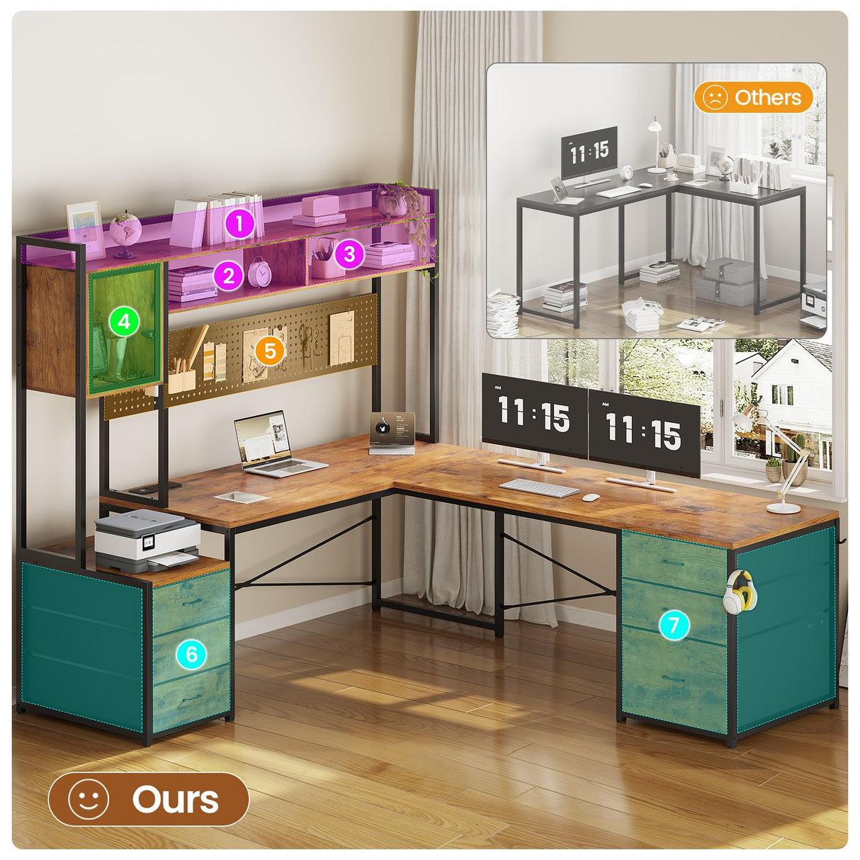 SEDETA L Shaped Gaming Desk with 6 Drawers, Reversible Computer Office Desk with File Drawer, Hutch, Storage Shelves, Gaming Corner Desk with Led Lights, Power Outlet for Two Person, Rustic Brown SEDETA