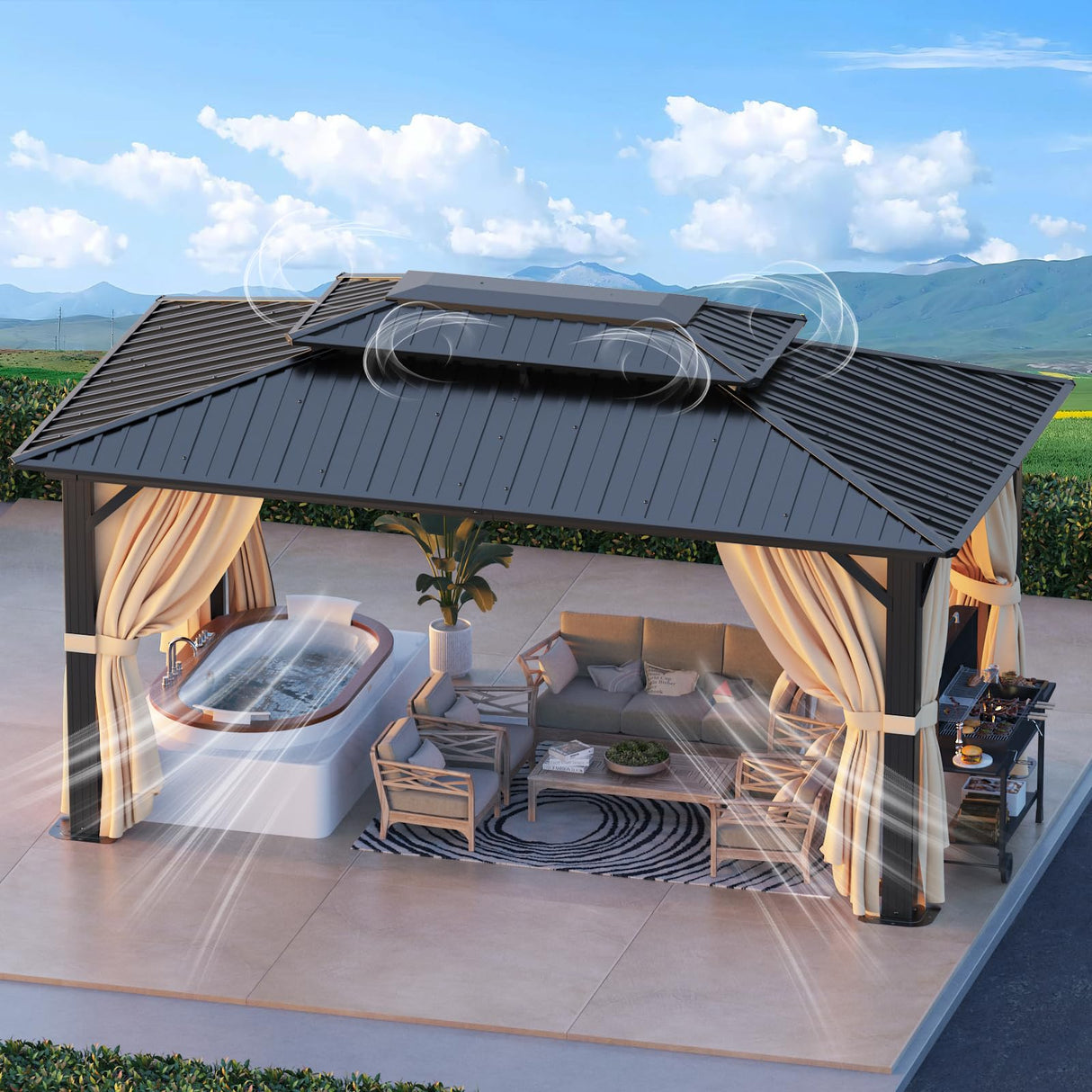 HOTEEL 10x15 Hardtop Gazebo with Flame-Retardant Curtain & Netting, Hot Tub Gazebo with Galvanized Steel Double Roof, Heavy Duty Permanent Pavilion Outdoor for Patio, Frame Thickened (Upgraded 3.0) Hoteel