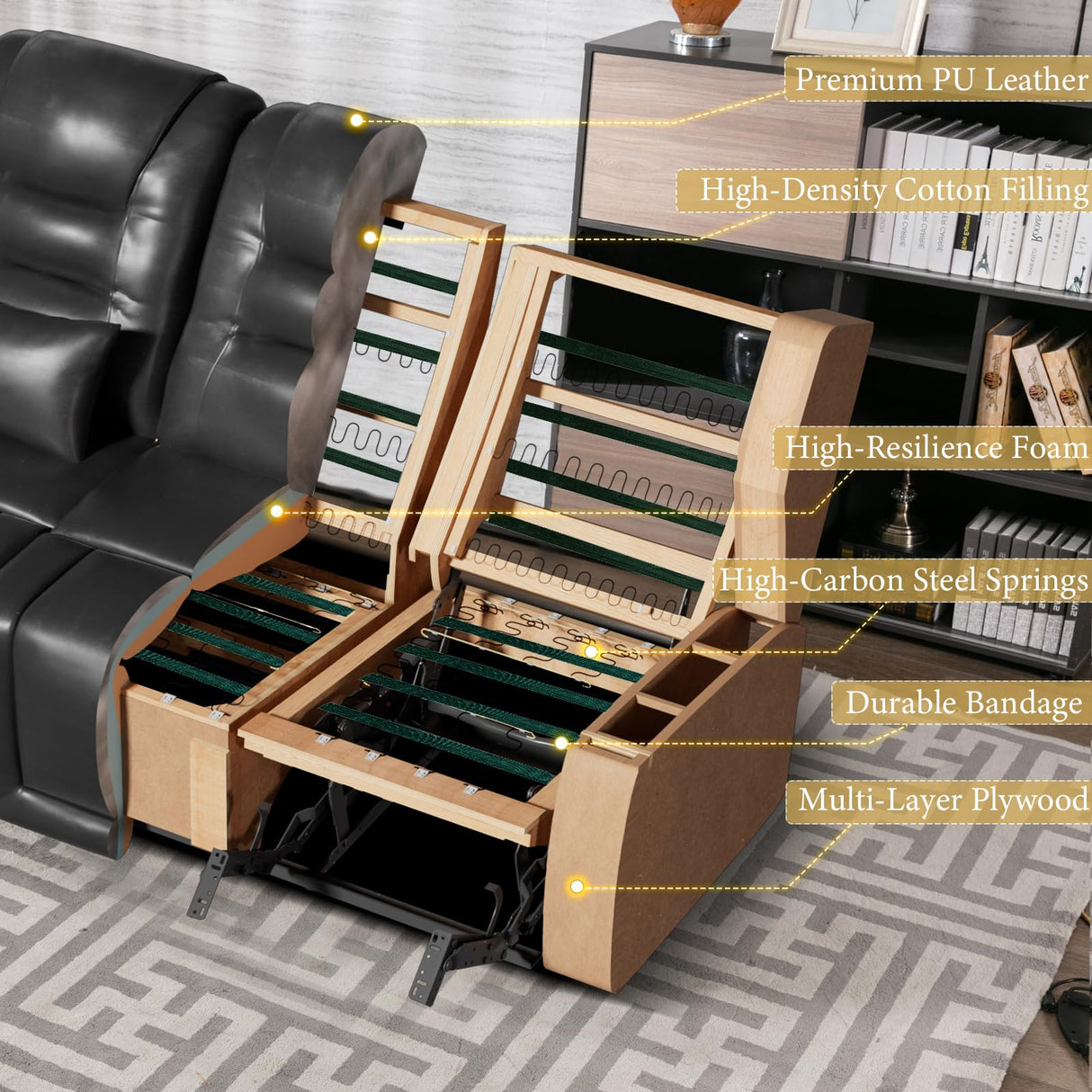 BINGTOO Power Double Recliner Loveseat for RV, Electric Home Theater Seating Sofa with Console & Storage, Built-in Bluetooth Speaker/USB Ports/Power Outlet/LED Light, Black BINGTOO