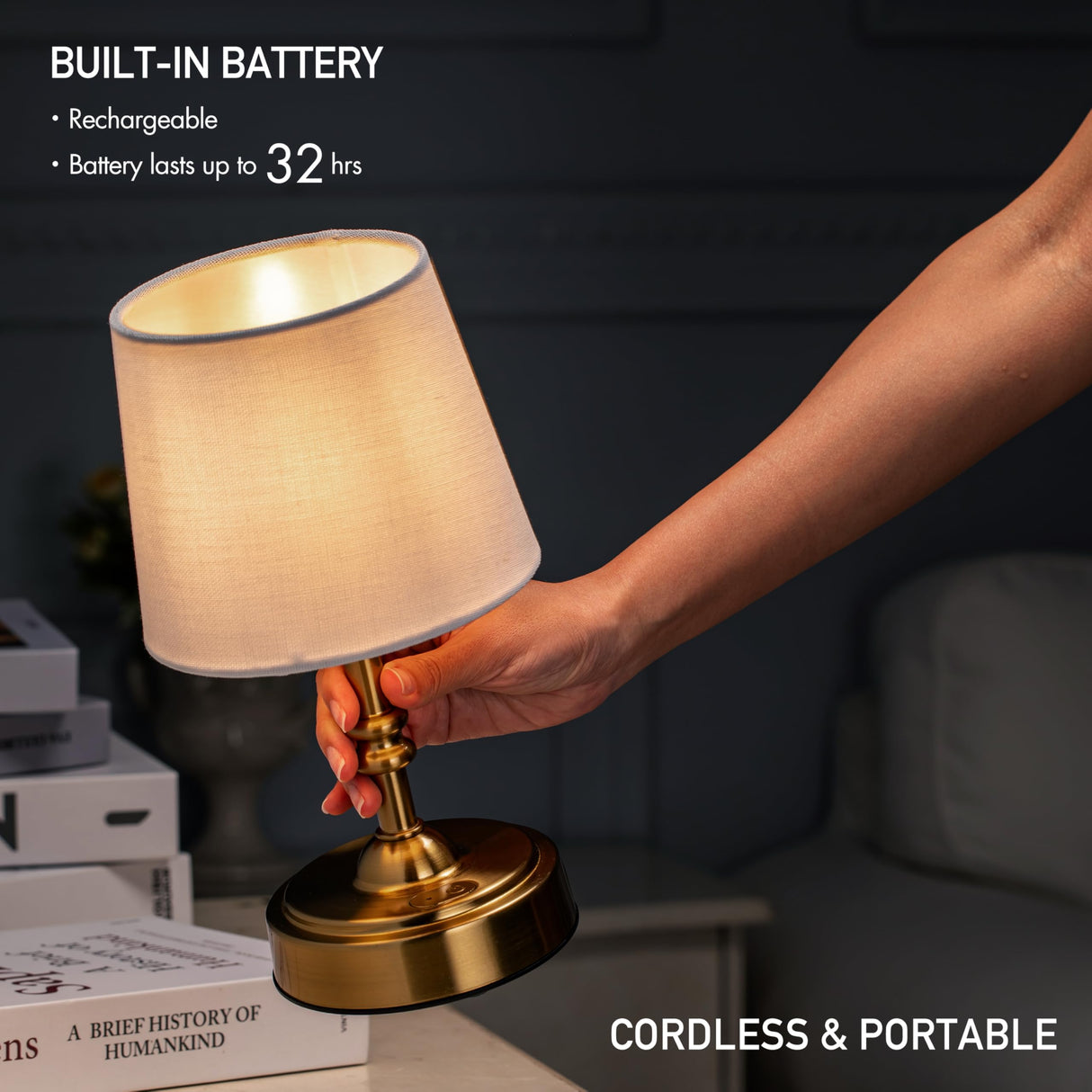 O’Bright Seraph Mini – Cordless LED Table Lamp with Dimmer, Built-in Rechargeable Battery, 3-Level Brightness, Patio Table Lamp, Bedside Night Lamp, Ambient Light for Restaurant, Antique Brass O'Bright