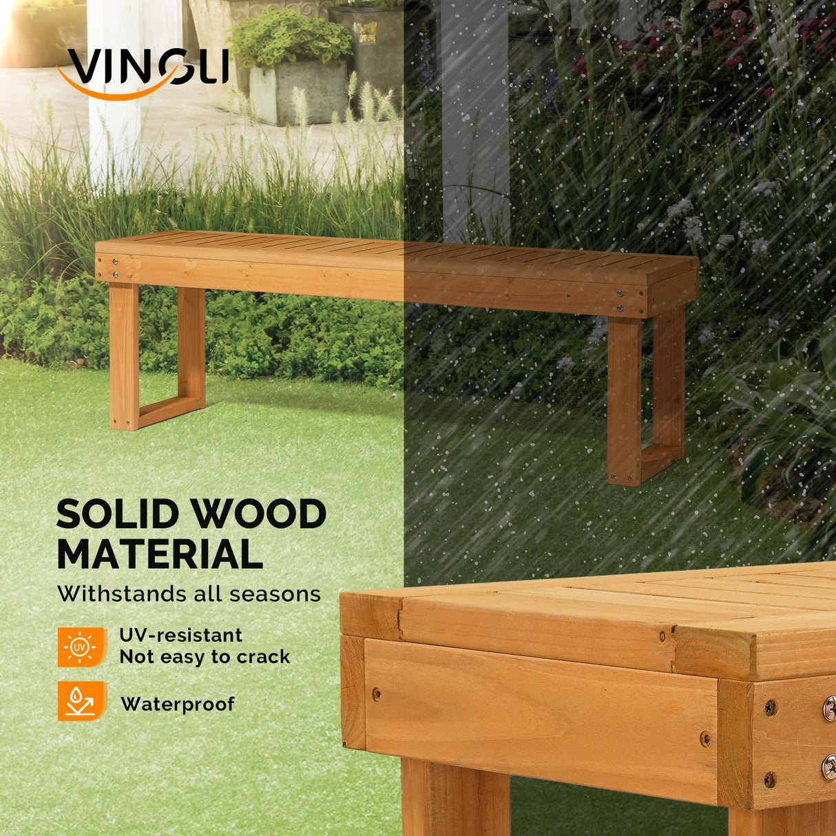 VINGLI 50'' Outdoor Wooden Bench, Weatherproof Outdoor Backless Bench, 2-Person Wood Patio Bench for Backyard, Poolside, Entryway VINGLI
