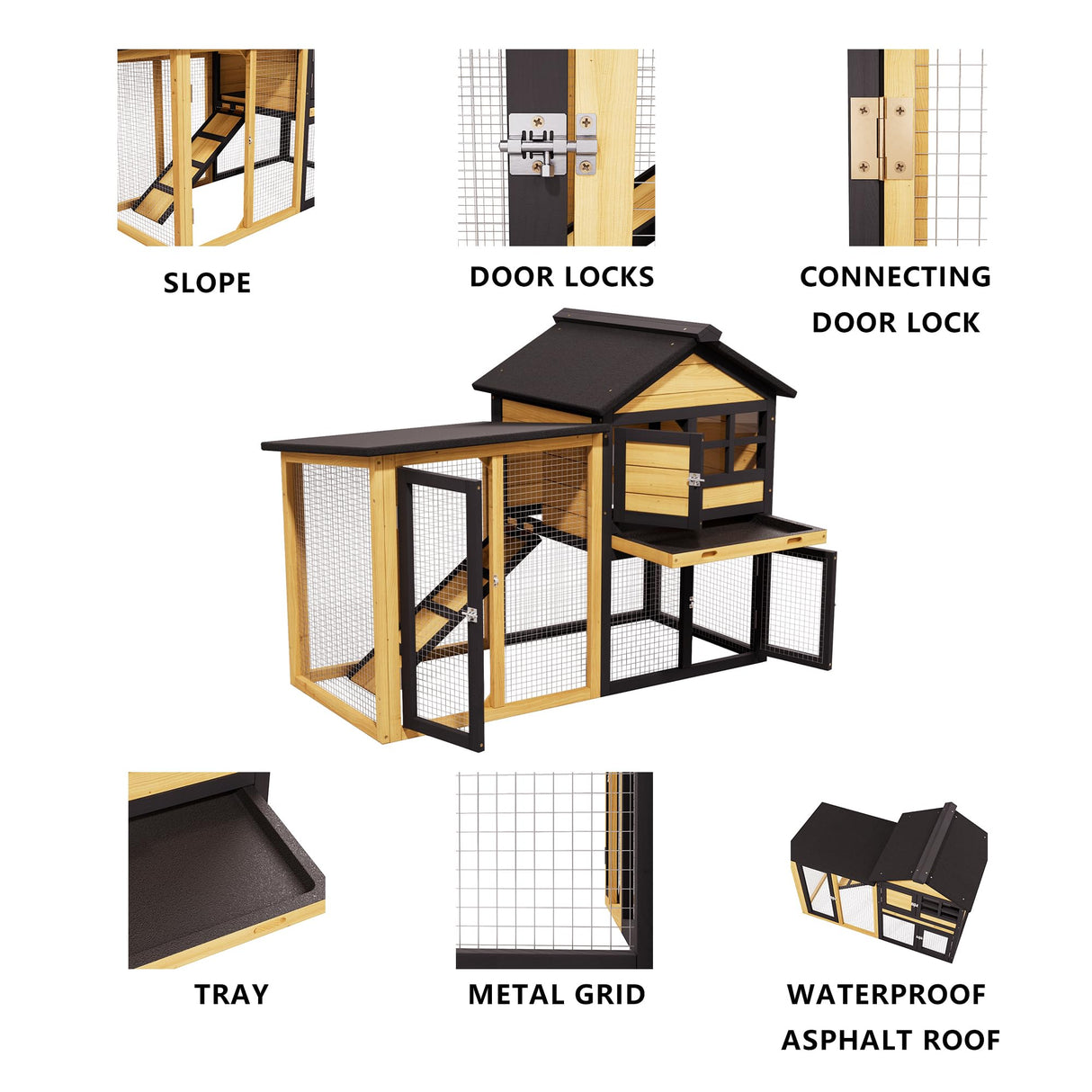 XiliqingEco Chicken Coops Outdoor Wooden Double-Decker Chickens with Deep Push-Pull Trays, Non-Slip Slopes, Waterproof Asphalt Roof Suitable for a Variety of Animals (Yellow Black) XiliqingEco