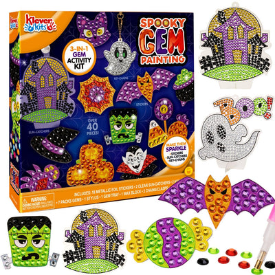Klever Kits Halloween Gem Art Kit, Kids Halloween Crafts Party Supplies, Diamond Painting Kit with Stickers, Suncatchers, and Keychains, Party Favor DIY Activities School Game Goodies Gift