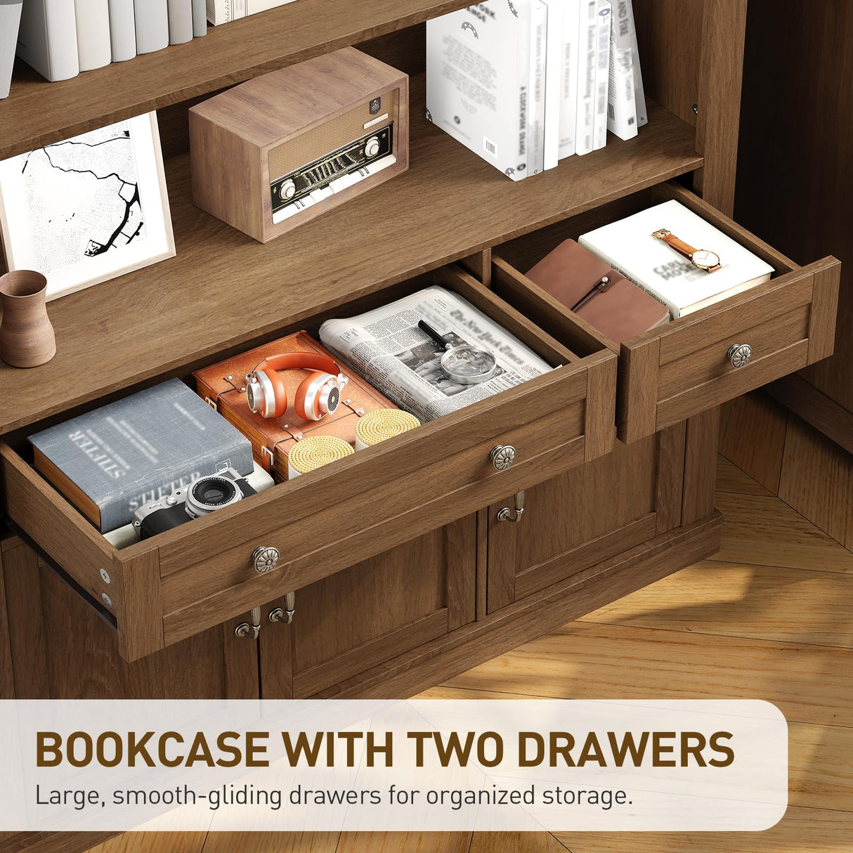 RALGEND 73.2" Tall Farmhouse Arched Bookshelf with Drawer and Door, 6 Tier Mid Century Modern Book Shelf and Bookcase with Storage, Floor Standing Display Cabinet for Living Room, Home Office, Walnut RALGEND