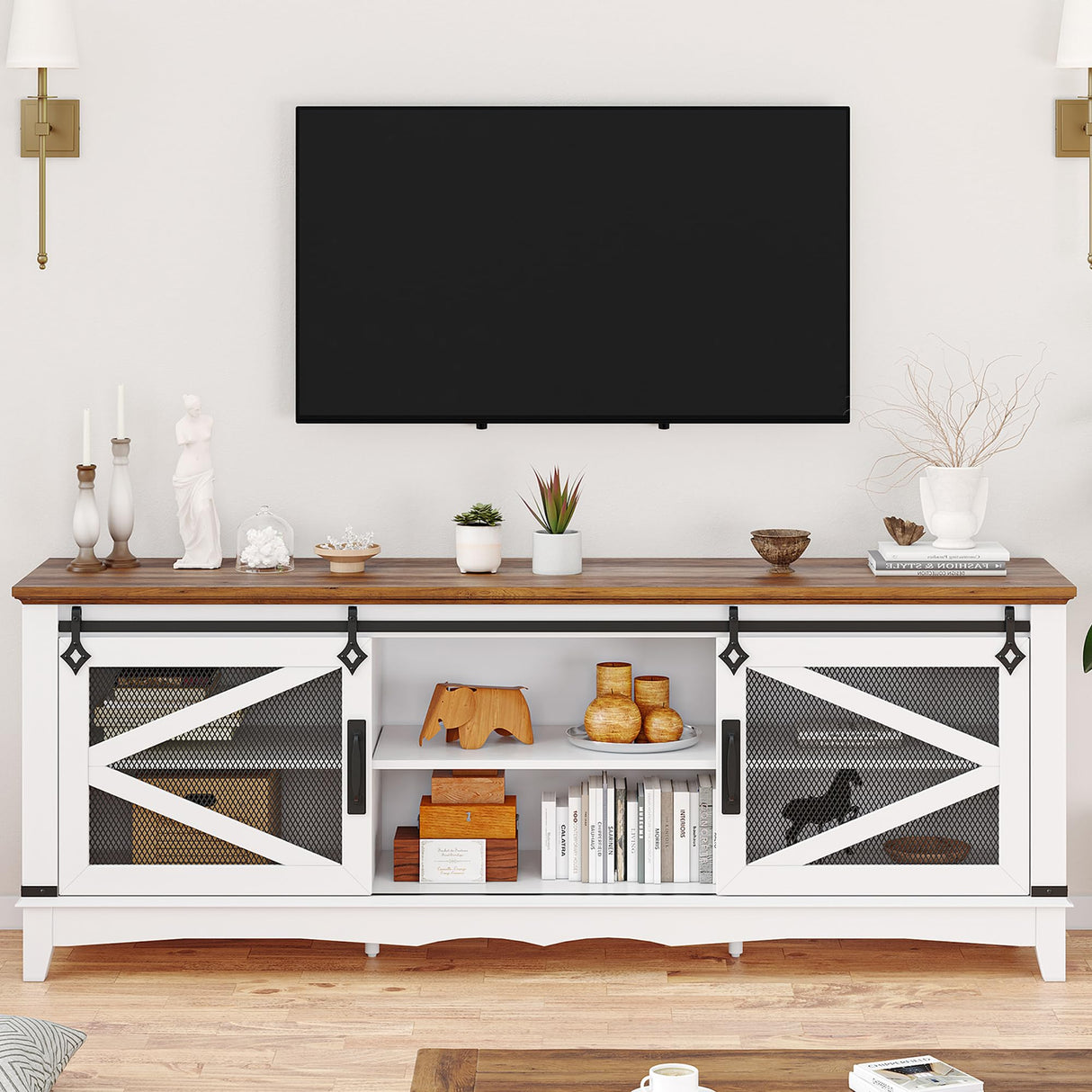 IDEALHSOUE Farmhouse TV Stand 75 Inch Entertainment Center White TV Console Modern Media Furniture Wood TV Console Cabinet with Sliding Barn Door and Adjustable Shelf for Living Room Bedroom IDEALHOUSE