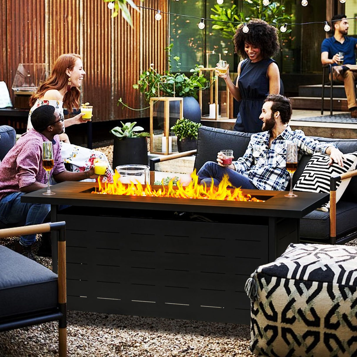 EcoNook 57 inch Propane Fire Pit Table,50000 BTU Gas Fire Pits Table with Lid & Lava Rock & Waterproof Cover, Outdoor Propane Firepit for Dining or Party, Outside, Patio, Garden, Yard EcoNook