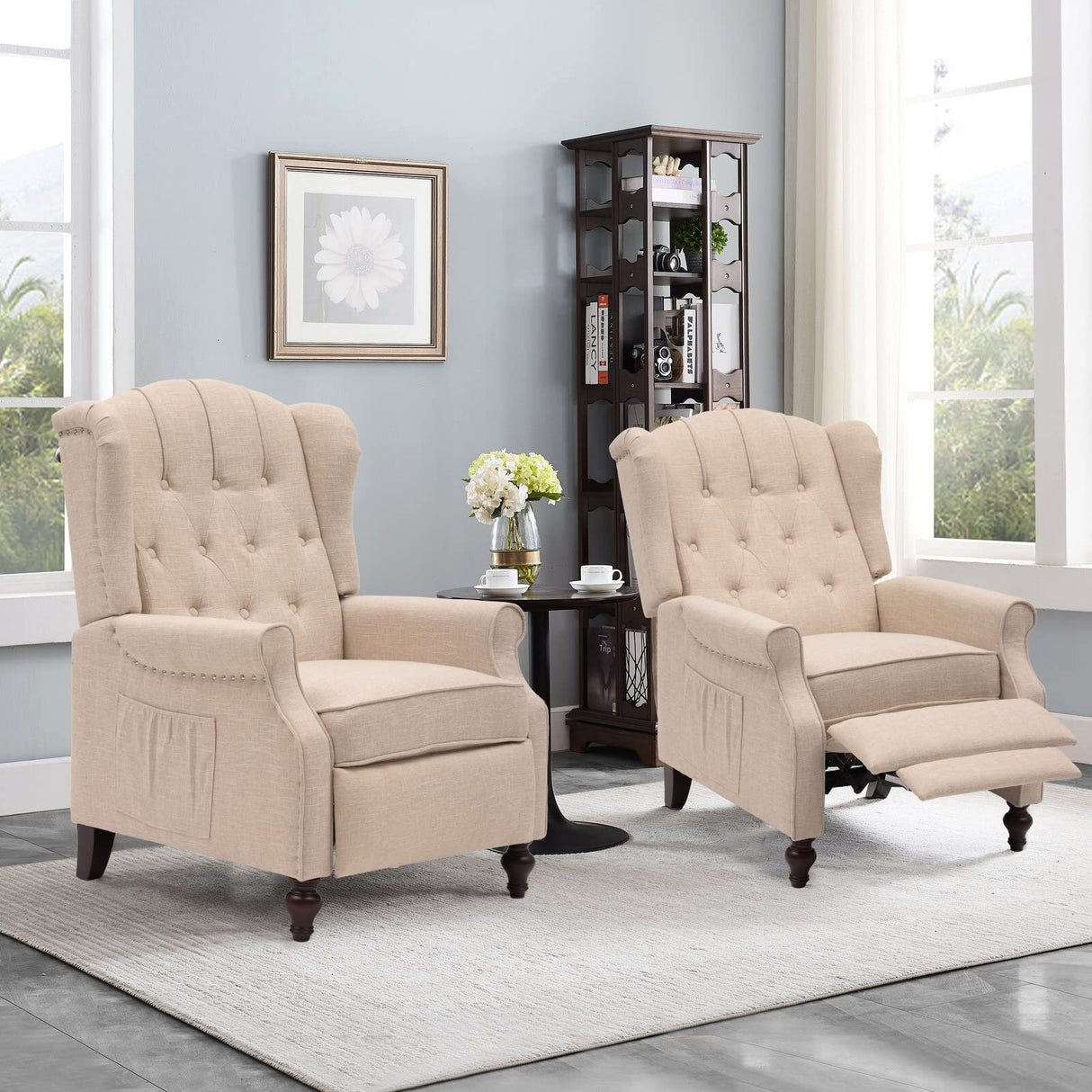 IPKIG Wingback Pushback Recliner Chair - Mid Century Recliner Armchair with Massage and Heat, Rivet Decoration, Button-Tufted Back, Solid Wood Legs for Living Room, Bedroom, Office(Beige) IPKIG