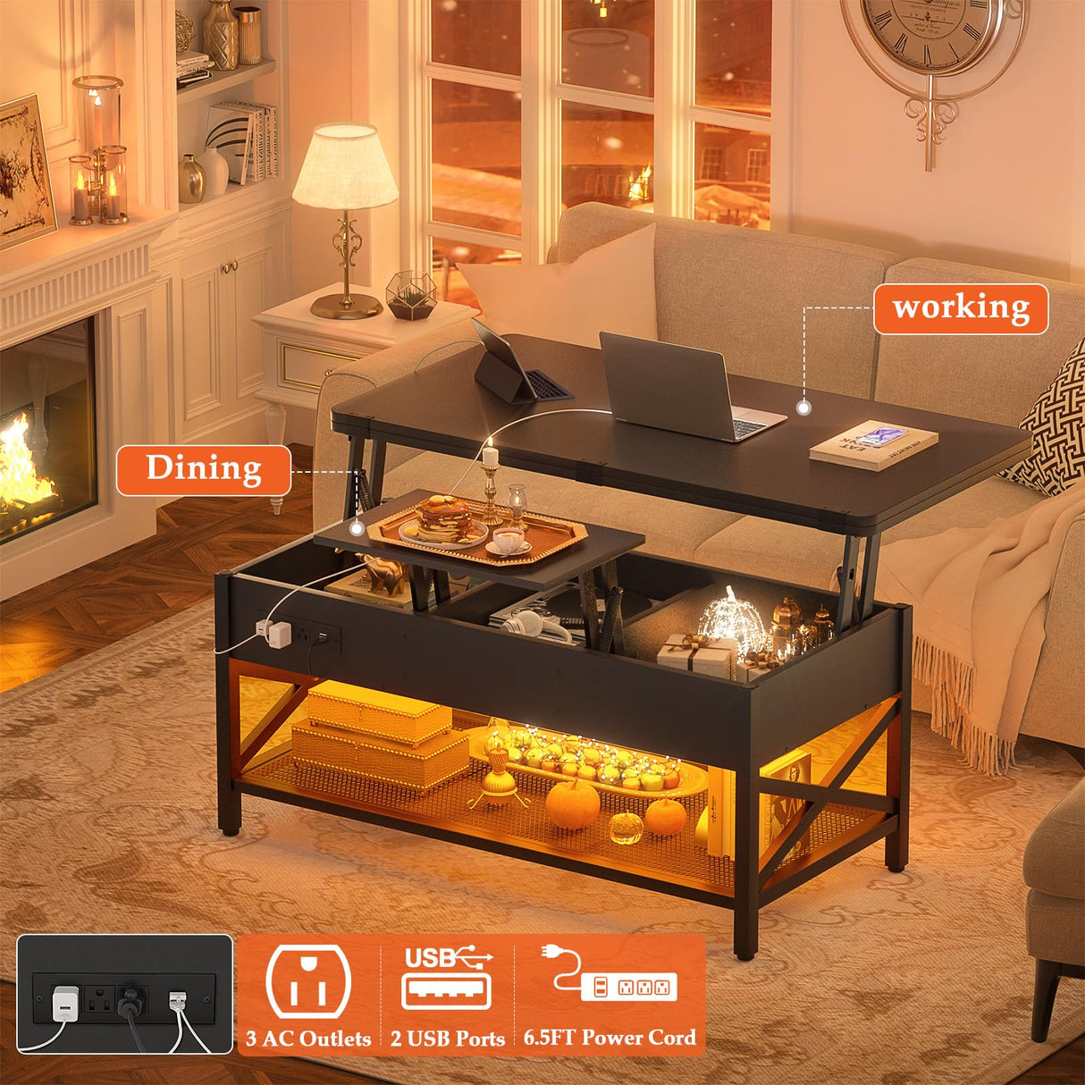 Aheaplus Coffee Table Lift Top Multi-Function Coffee Table Converts to Dining Table, with LED Light and Power Outlet, Center Table with Shelves for Living Room Reception Home Office, Black Aheaplus