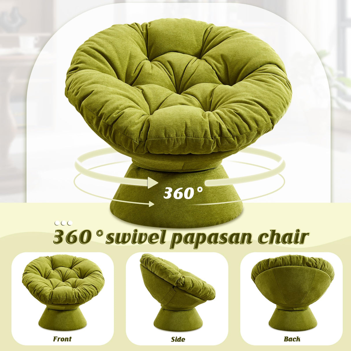Papasan Chair with Cushion and Frame, 360° Swivel Accent Chair, Comfy Chenille Upholstered Round Modern Oversized Reading Lounger with Metal Base Lazy Chair for Bedroom, Living Room, Olive Green SLEERWAY