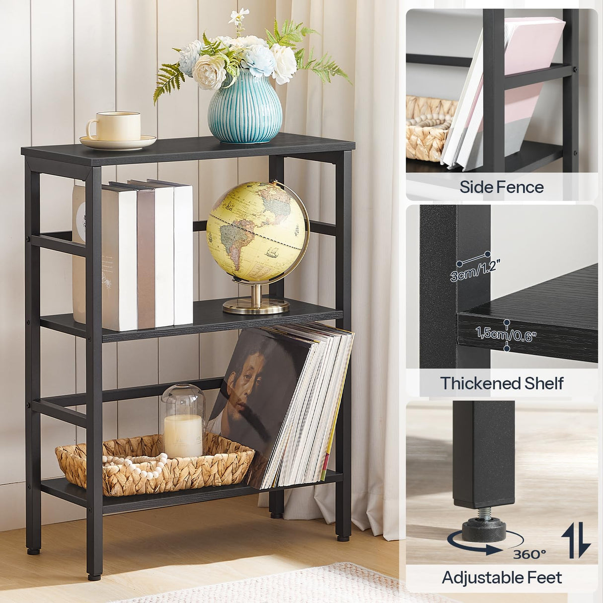 HOOBRO 3 Tier Bookshelf, Industrial Bookcase, Record Storage Rack with Side Fence, Wood Storage Shelf with Metal Frame, Rustic Open Display Shelf for Living Room, Bedroom, Black BB86CJ01G1 HOOBRO