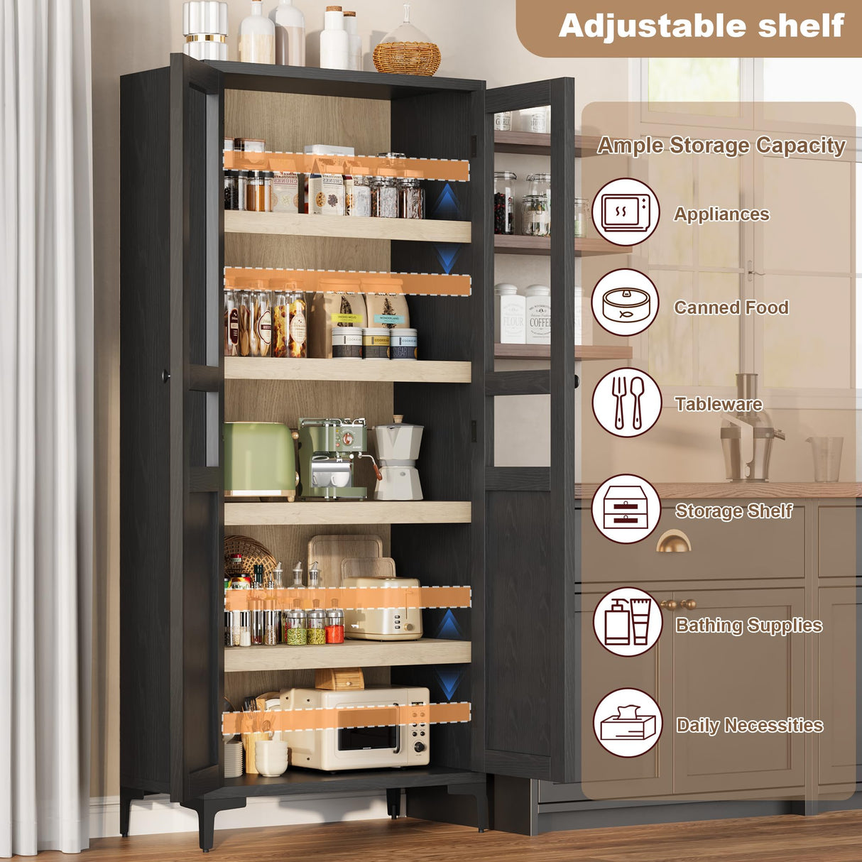 Garveehome Tall Storage Cabinet with Glass Doors, Kitchen Pantry 5 Tier Bathroom Cabinet with 2 Doors Adjustable Shelves for Kitchen, Dining Room, Bathroom (Black, 2 Door with Glass) Garveehome