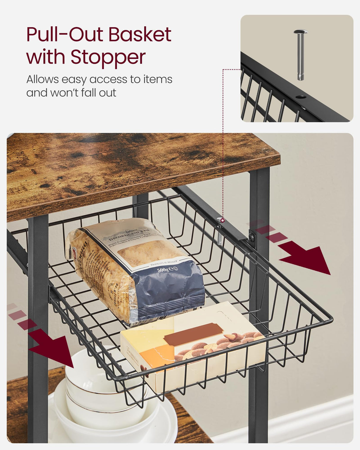 VASAGLE Rustic Brown Kitchen Storage Rack with Wire Basket and Hooks for Spices and Appliances VASAGLE