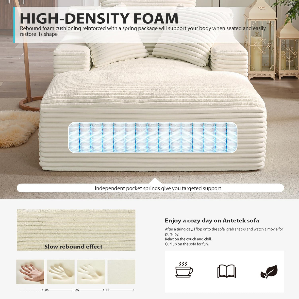 67 Inch Chaise Lounge Chair Indoor, Oversized Corduroy Upholstered Boneless Sofa Bed, Deep Seat Sleeper Couch Reading Chairs, Cloud Sofas Couches for Living Room, No Assembly Required (Beige) HANXIN