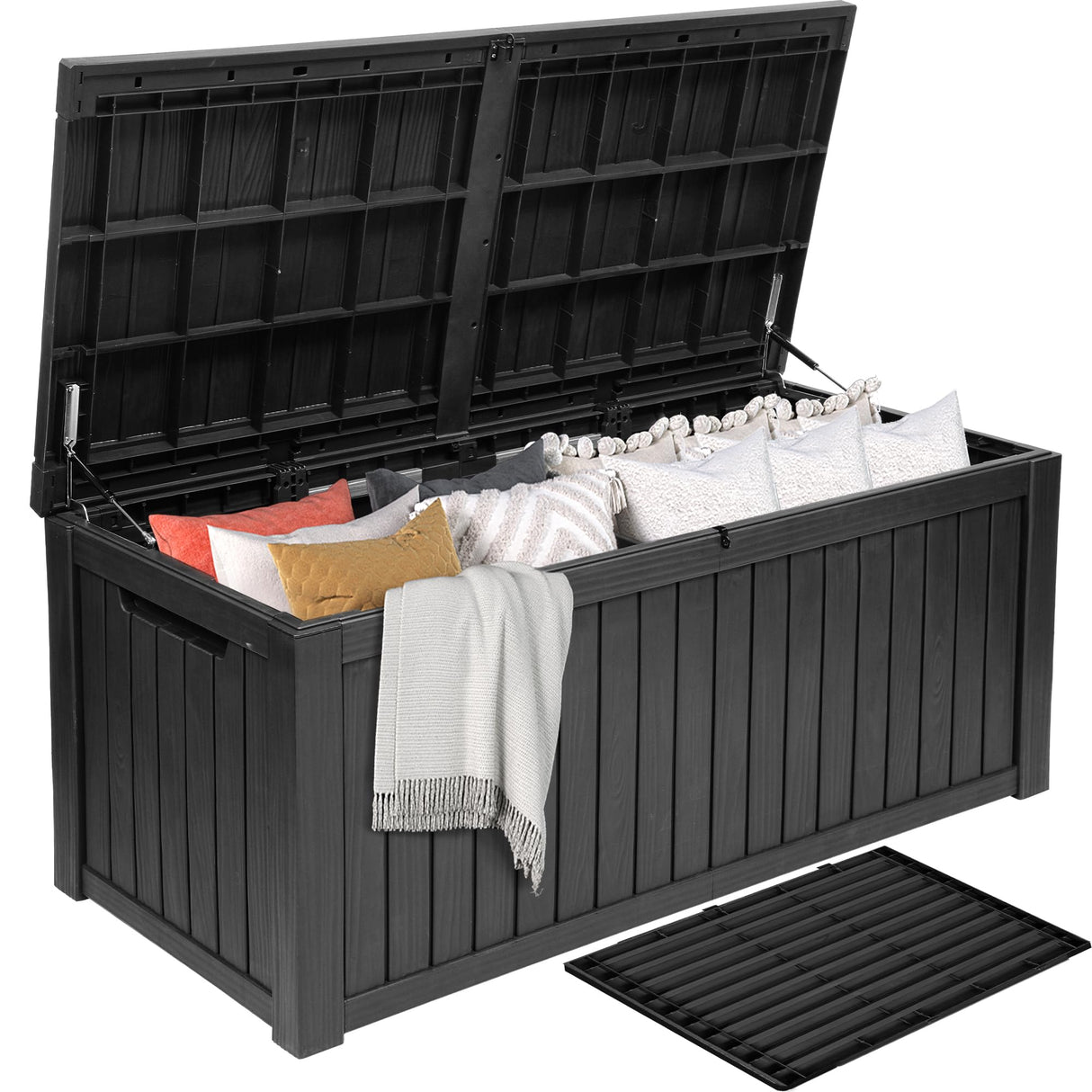 DWVO 150 Gallon XL Deck Box with Divider & Lockable Lid, Waterproof Resin Outdoor Storage for Patio, Garden, Poolside, Cushions, Supplies & Sports Gear, Black DWVO