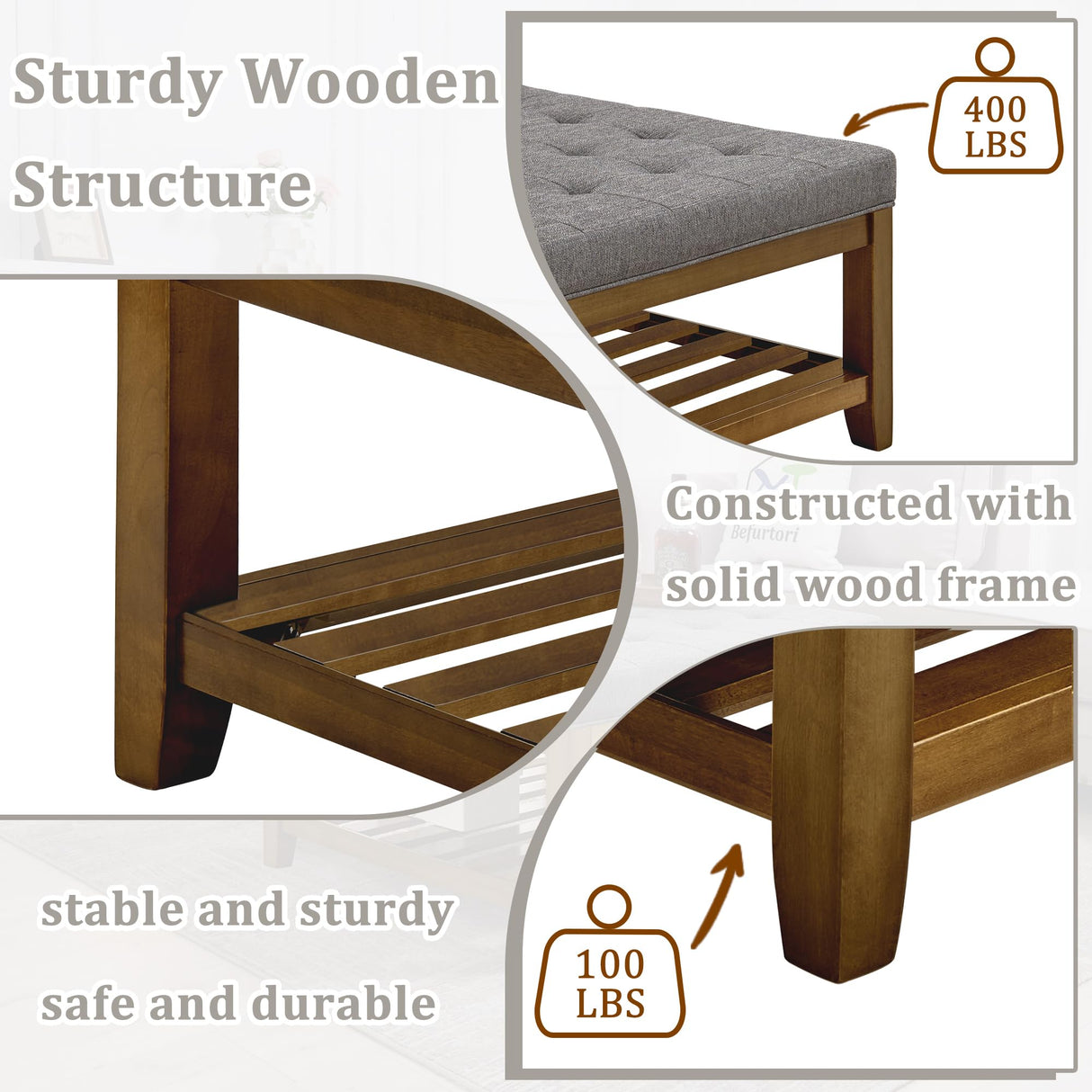 Befurtori Upholstered Coffee Table Tufted Linen Large Square Ottoman with Beech Wood Shelf and Frame, Oversized Footrest Ottoman for Living Room, Granite Befurtori