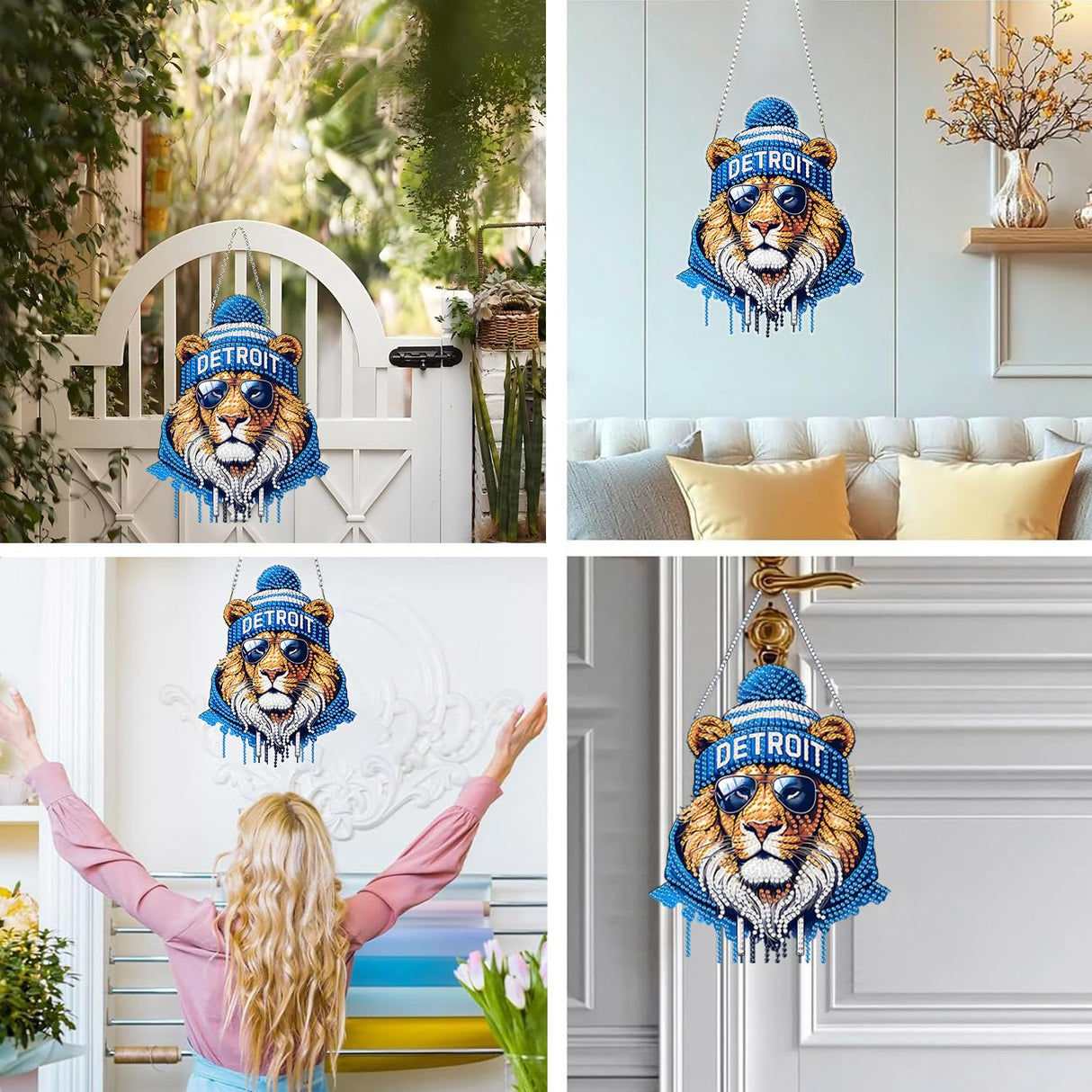 DIY Diamond Art Hanging Kit for Adult,Acrylic Diamond Art Painting Window Pendants Home Garden Wall Hanging Kits Hanging Ornament,Football Style (Detroit Blue) Weadatty