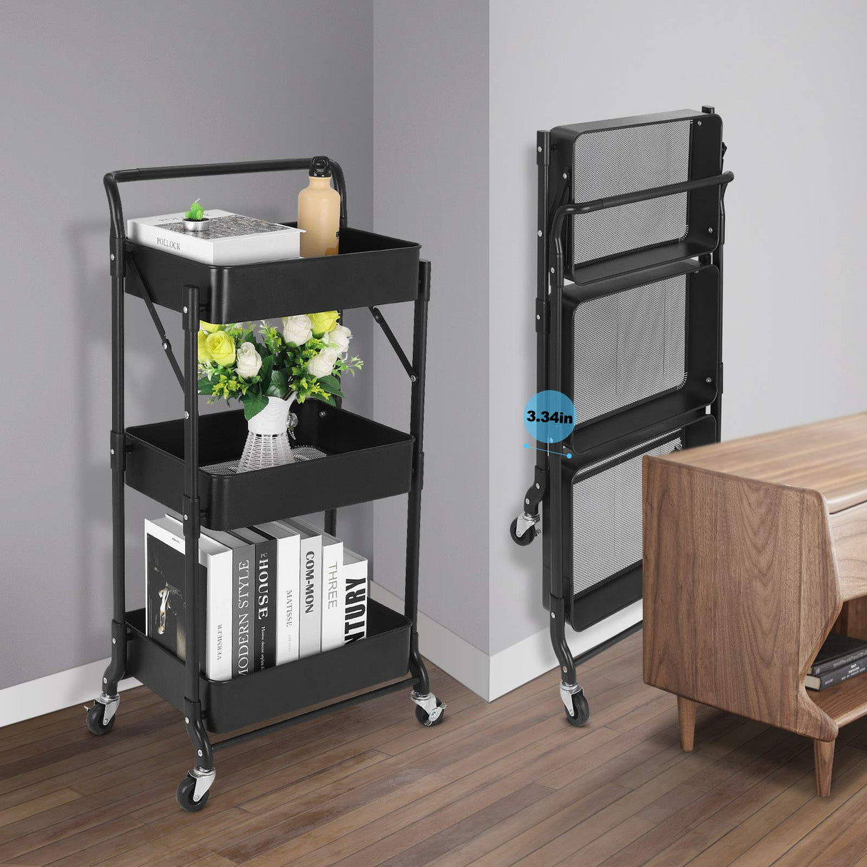 johgee Foldable 3 Tier Metal Utility Rolling Cart, Folding Mobile Multi-Function Storage Trolley Organizer Cart for Home Library Office(Black) johgee