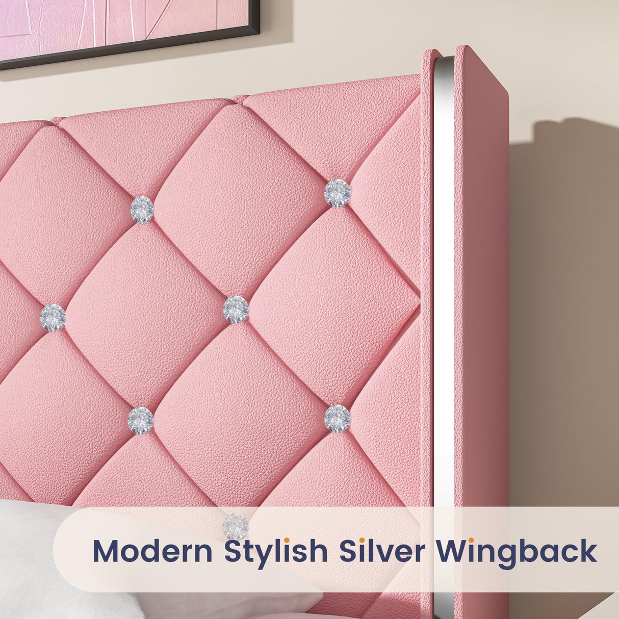 HOMBCK King Upholstered Bed Frame with Headboard, Faux Leather Platform Bed with Wingback Design, Modern Diamond Bed Frame with Tufted Deep Button, No Box Spring Needed, Easy Assembly, Pink HOMBCK