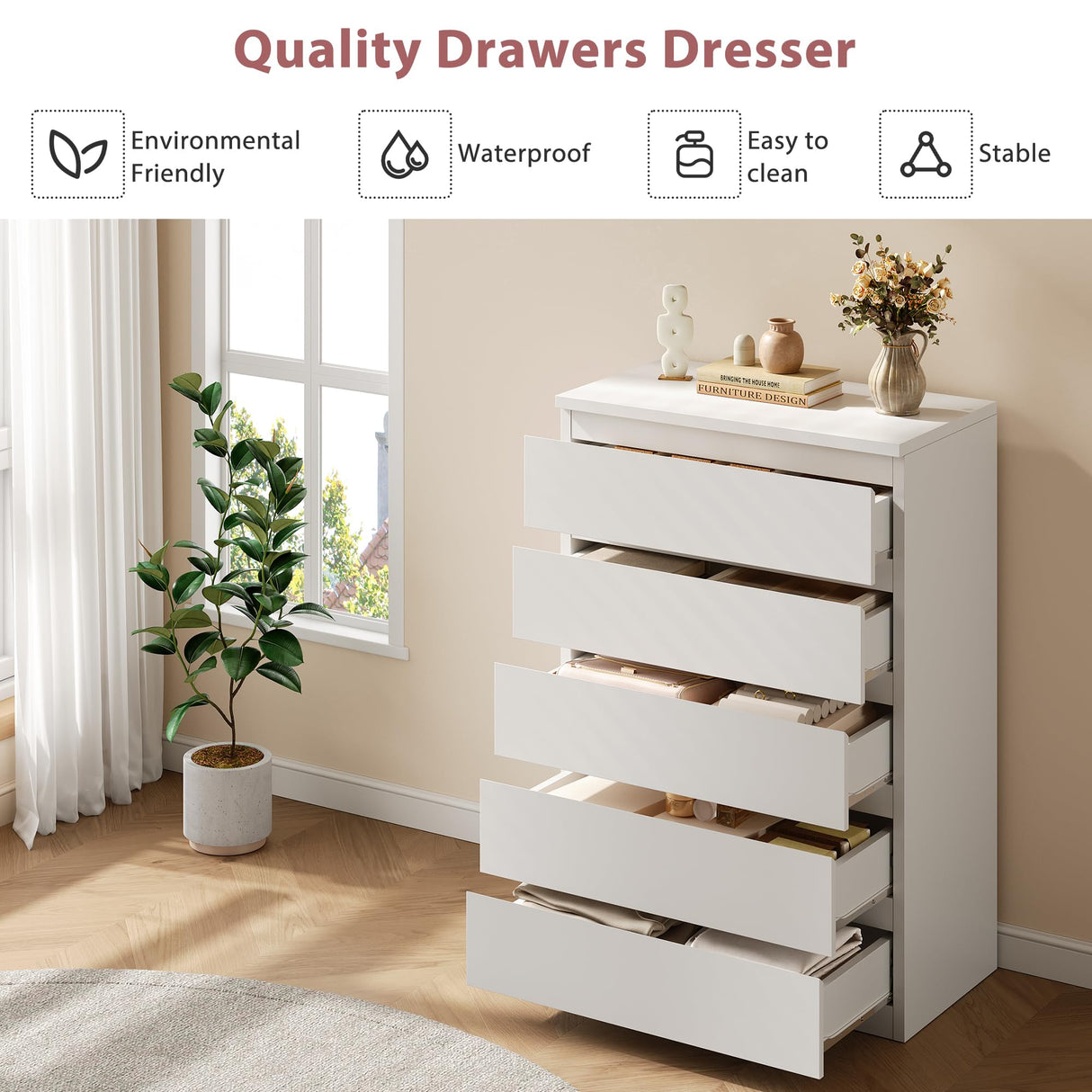Jocoevol Modern White 5 Drawer Dresser for Bedroom, 15" D x 23.7" W x 40.4" H in Simply Chest of Drawers, Wood Storage Dresser with Deep Drawers for Living Room Hallway Entryway, White Jocoevol