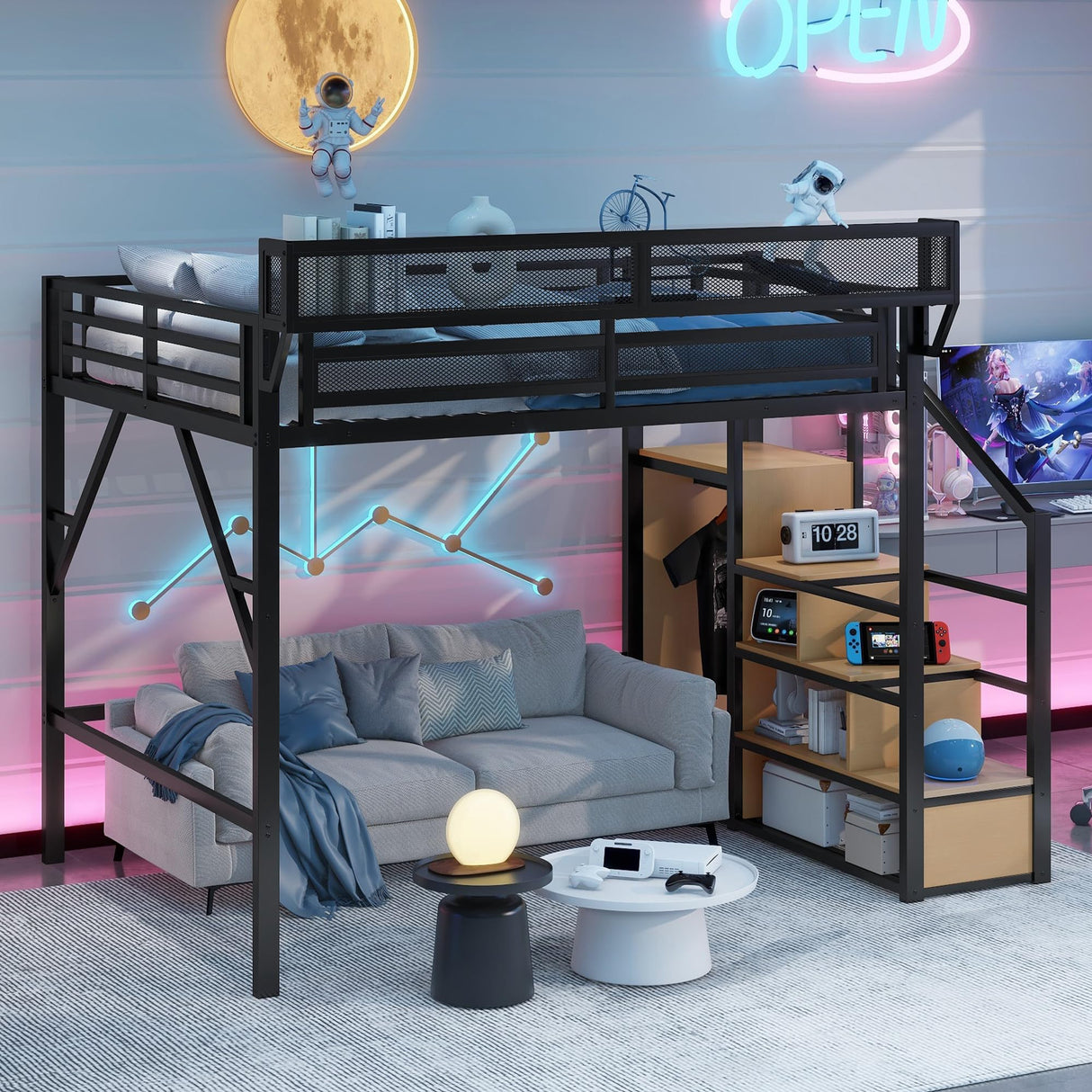 Aurnienofus Queen Size Loft Bed with Stairs and Storage, Metal Loft Bed Frame with Bedside Shelf and Large Under-Bed Space, Heavy-Duty Beds for Adults Teens and Kids, Black Aurnienofus