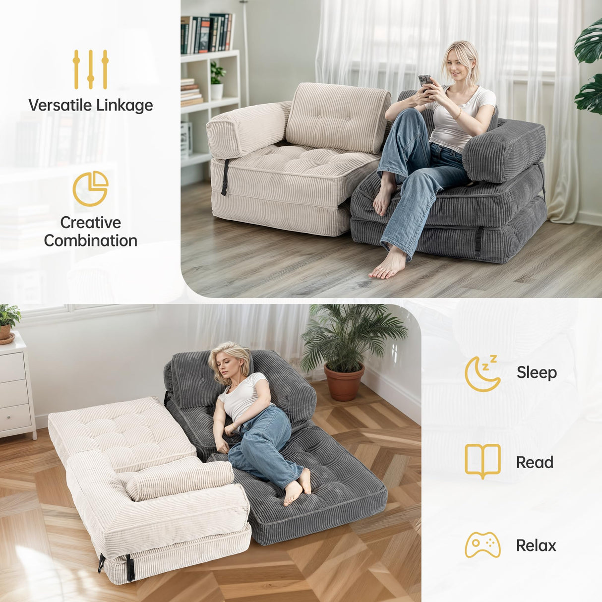 Airynee Convertible Folding Sofa Bed, L- Shaped Sleeper Chair Bed with Armrest and Pillow, Fold Out Sleeper Sofa, Comfortable Floor Couch for Small Spaces/Living Room/Bedroom, Single, Beige Airynee