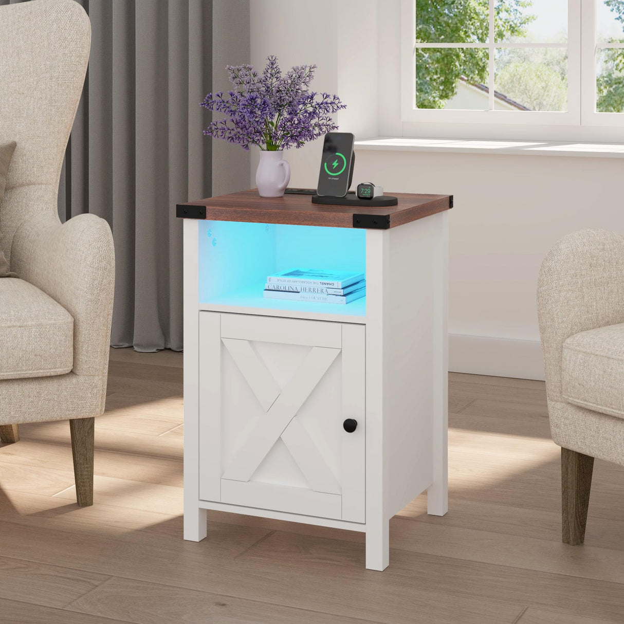 Hlivelood Farmhouse LED Nightstand Set of 2 with Charging Station, Rustic End Table with Barn Door & Storage Shelf, Bedside Table for Bedroom, Living Room, White Hlivelood