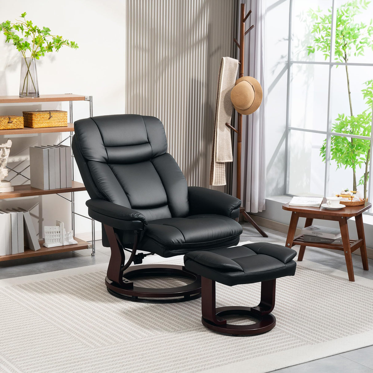 HOMCOM Recliner Chair with Ottoman, PU Leather Swivel Recliner with Comfy Footrest, Upholstered Adjustable Living Room Chair and Ottoman Set, Black HOMCOM