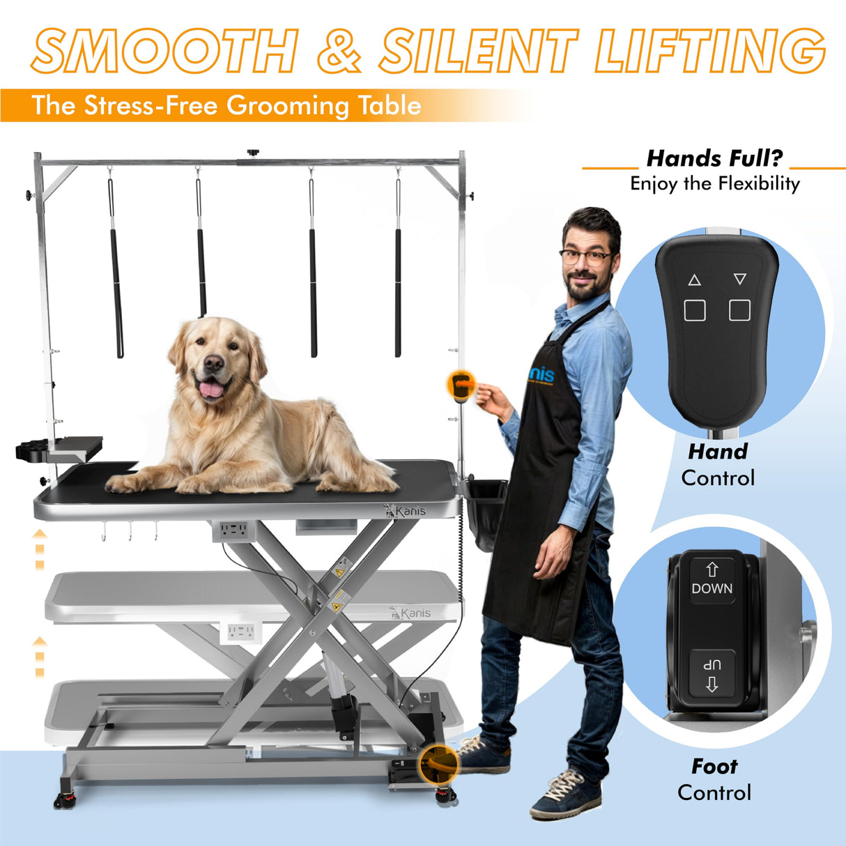 KANIS Professional Electric Dog Grooming Table - Heavy Duty, Height Adjustable Pet Grooming Table w/Leveling Wheels, Grooming Arm, Anti Slip Tabletop & Tool Organizer/Dog Grooming Station (49", Grey) KANIS