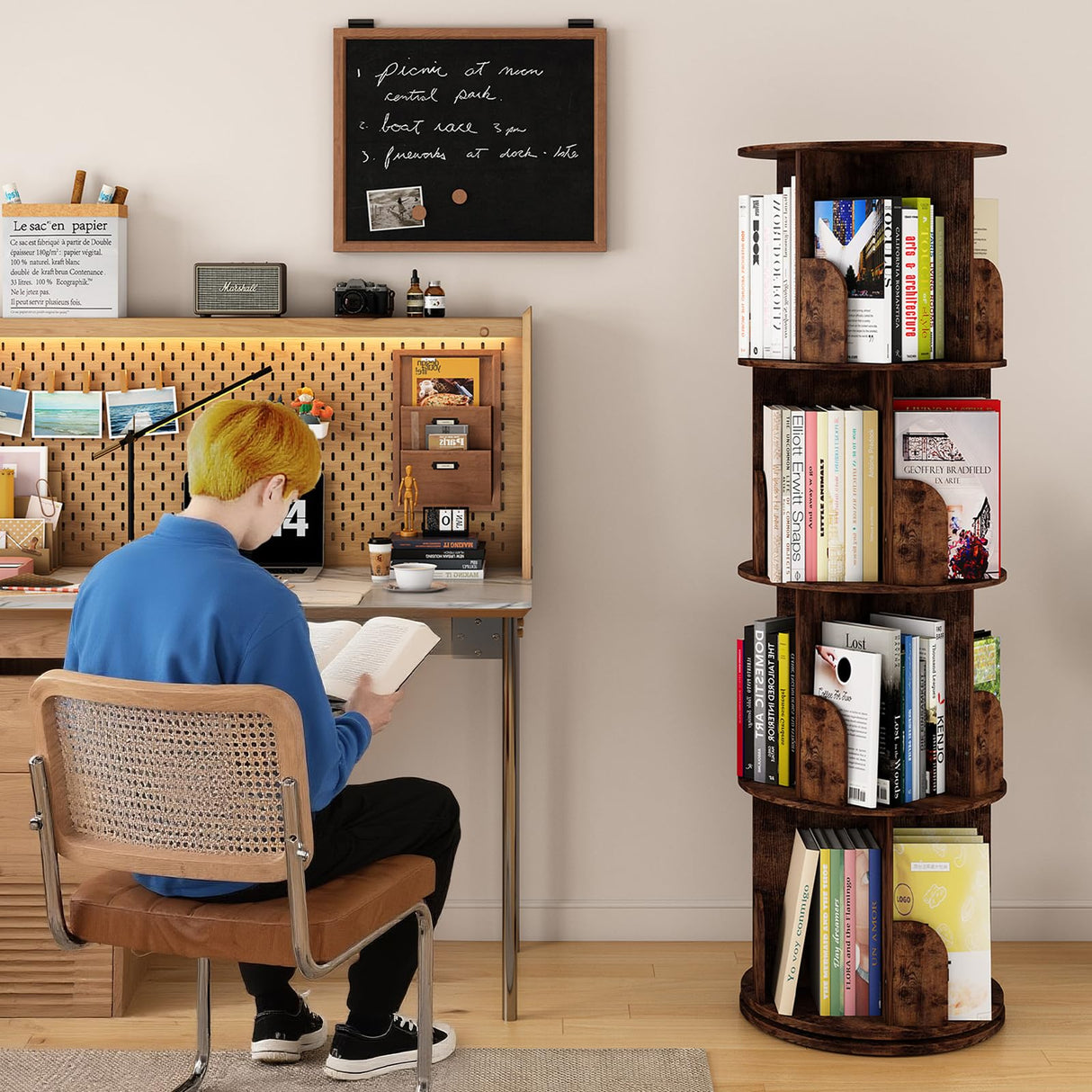 Huisenitre 360°Rotating Bookshelf,4 Tier Corner Bookcase,Book Shelf,Floor Storage Wood Organizer for Sturdy,Home Office,Living Room,Bedroom,Kids Room Huisenitre