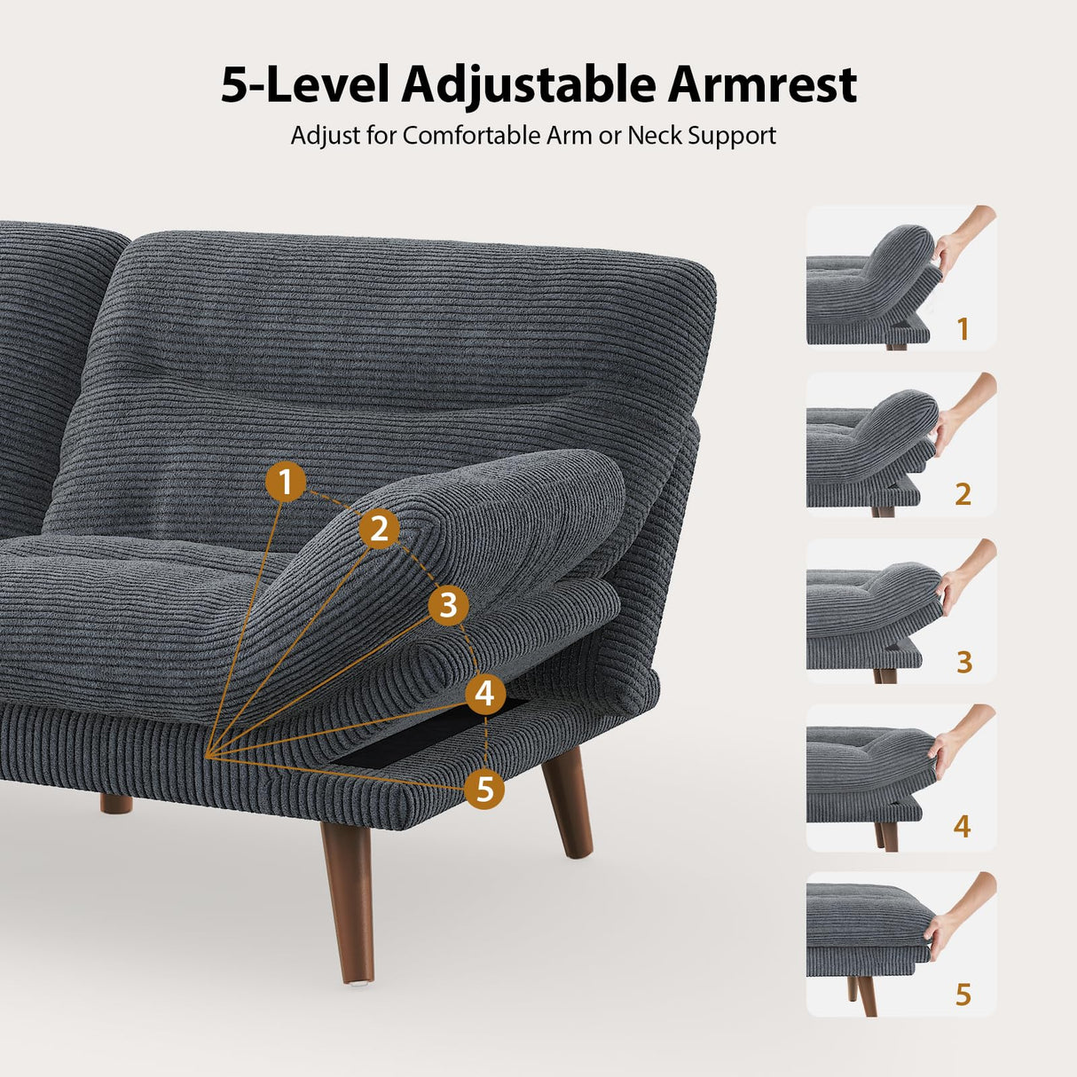 PERLECARE Convertible Futon Sofa Bed, Corduroy Futon Couch with Adjustable Backrest and Armrests, 3-in-1Recliner Sleeper Sofa for Small Spaces, Play Room or Office(Grey,66 in) PERLECARE