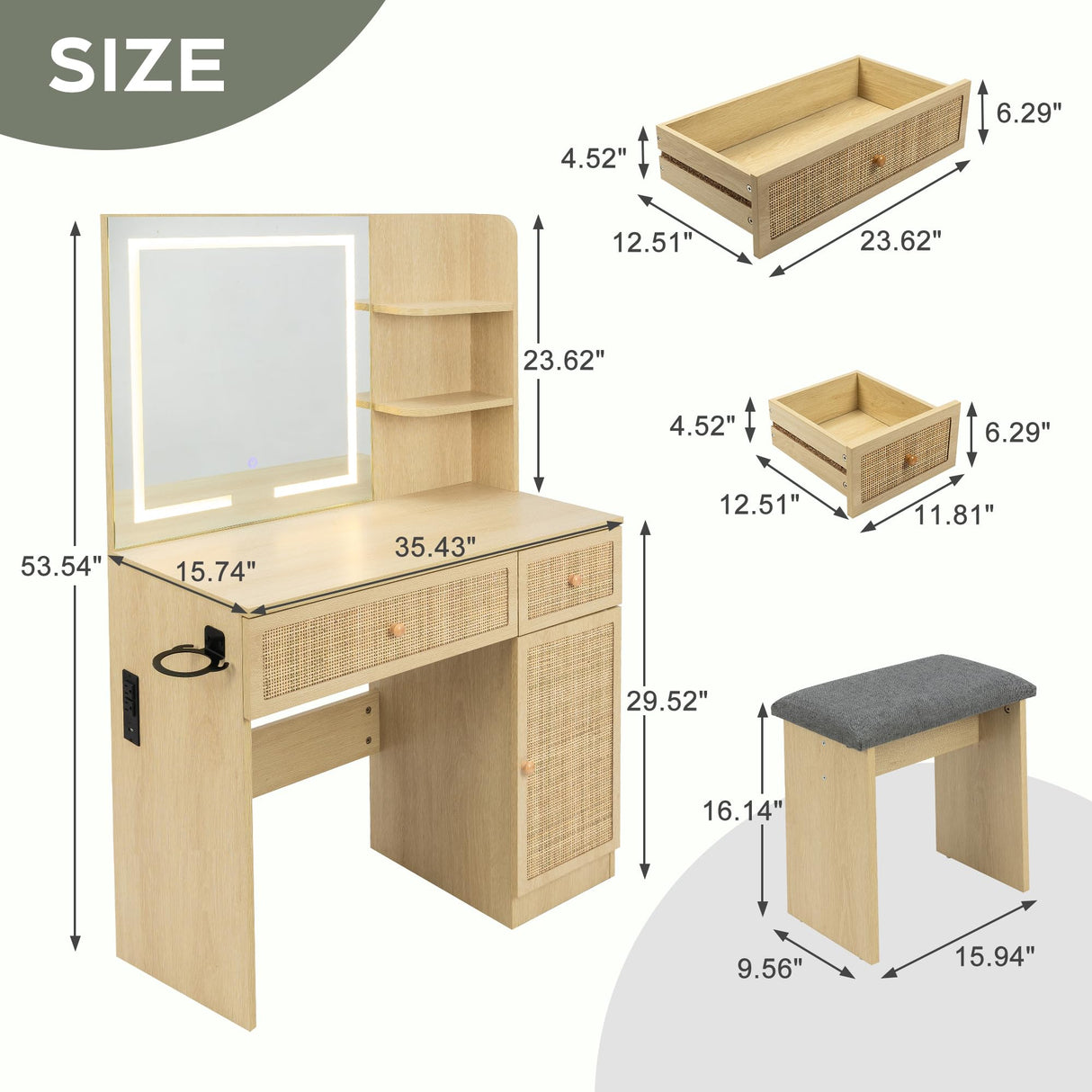 Yechen 35" Boho Makeup Vanity Table with LED Lighted Mirror & Power Strip, Wooden Dressing Table Set with Rattan Drawers, Storage Shelves and Cushioned Stool for Bedroom, Perfect for Girls Women Gift Yechen